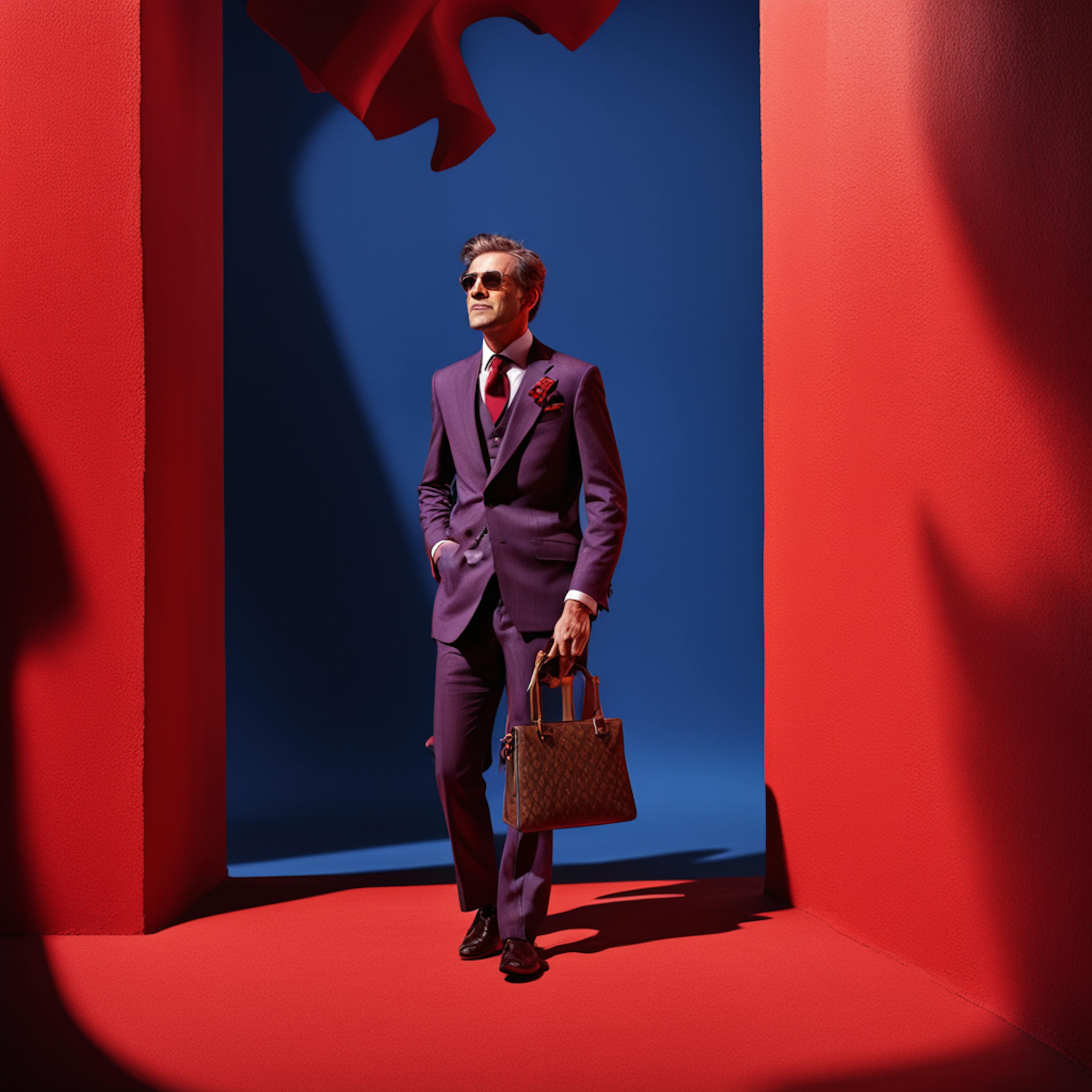 A stylish man in a purple suit with sunglasses, confidently walking through a bold, red and blue space, symbolizing the sophistication and strategic direction of a marketing campaign plan aimed at high-end audiences.