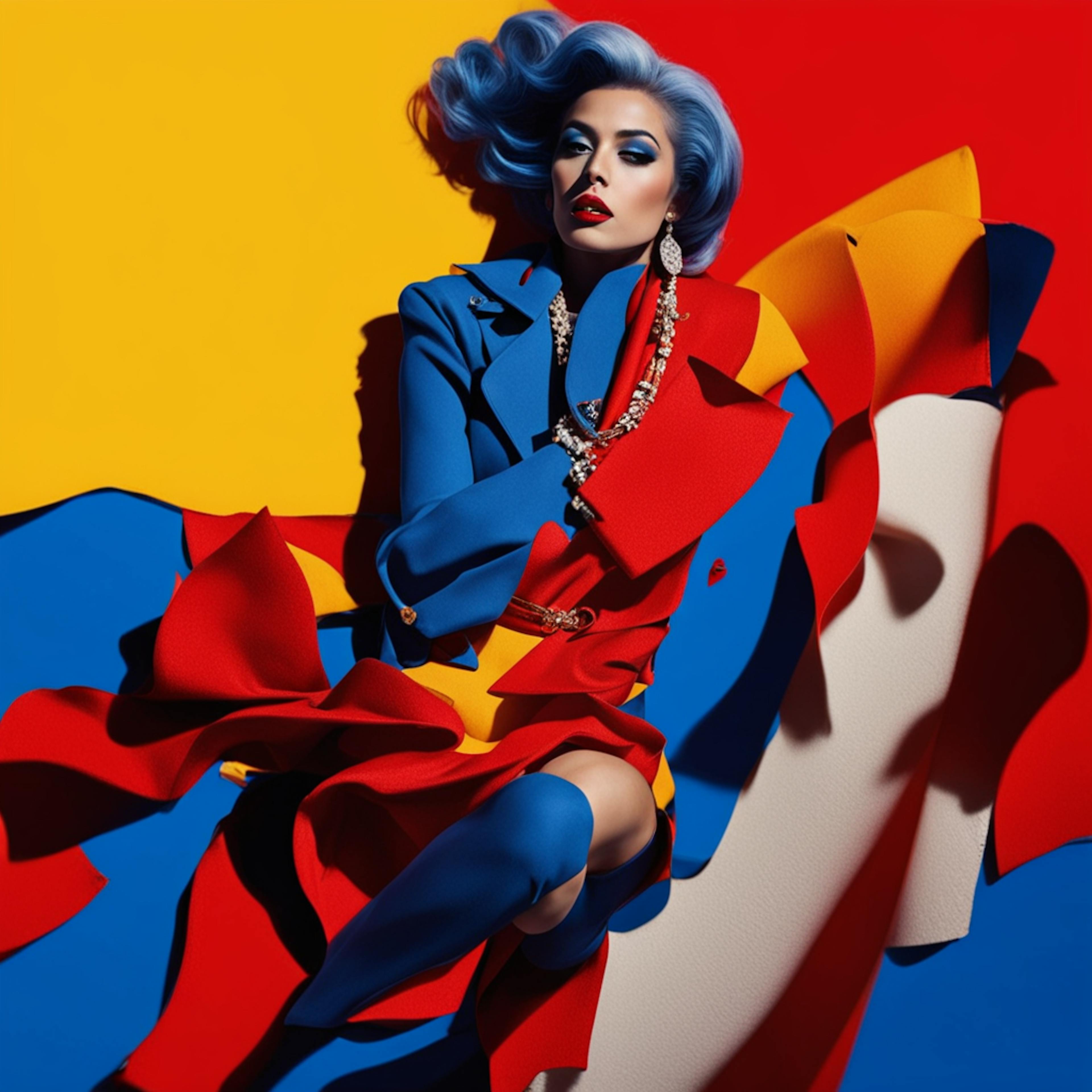 A striking image of a fashionable woman with vibrant blue hair, dressed in a mix of blue, red, and yellow garments, set against a colorful abstract background, illustrating the bold creativity and visual impact of a marketing campaign plan designed to capture attention.