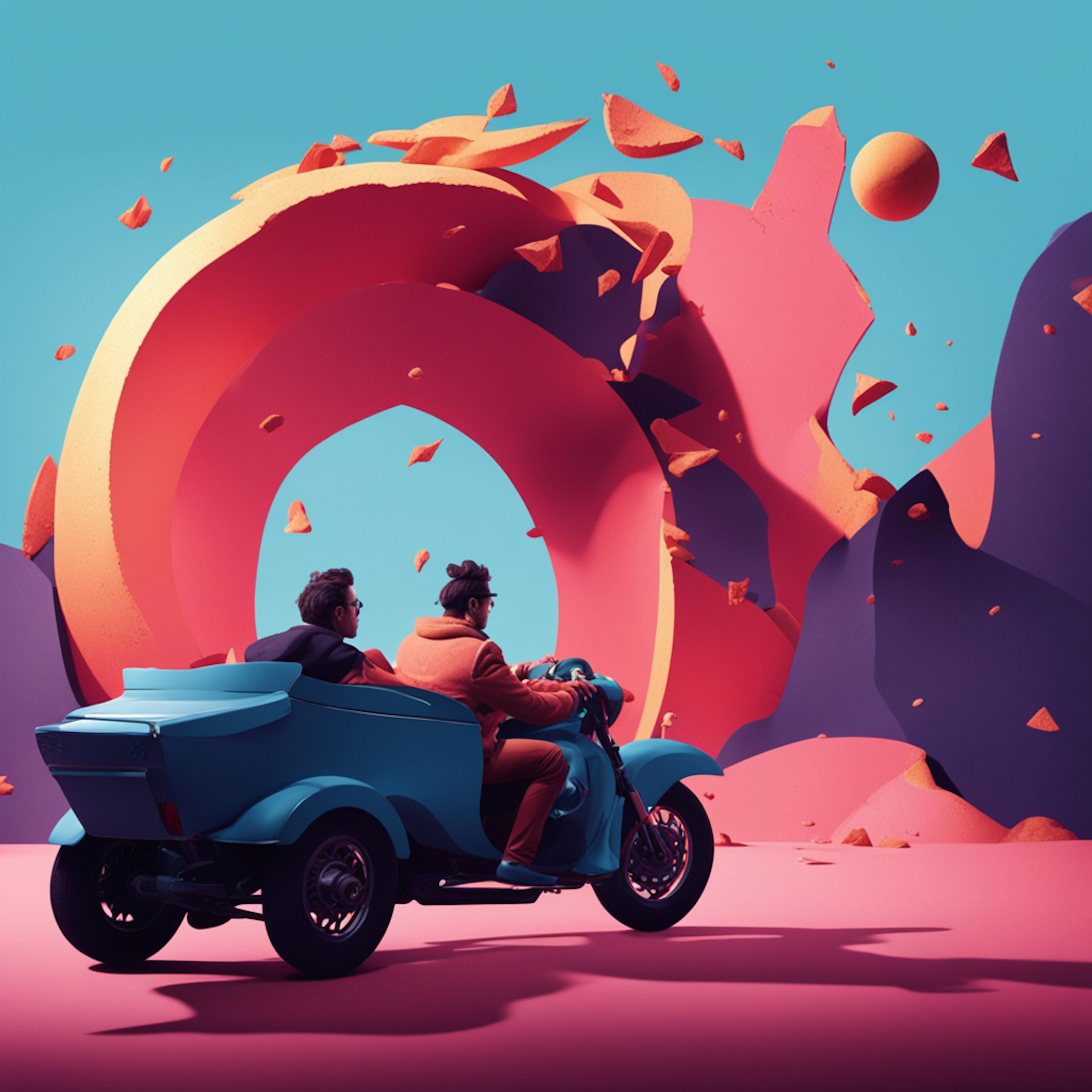 A surreal scene featuring two individuals riding a futuristic sidecar motorcycle through an abstract landscape with floating geometric shapes, representing the adventurous and innovative approach of a marketing campaign plan targeting modern and dynamic consumers.