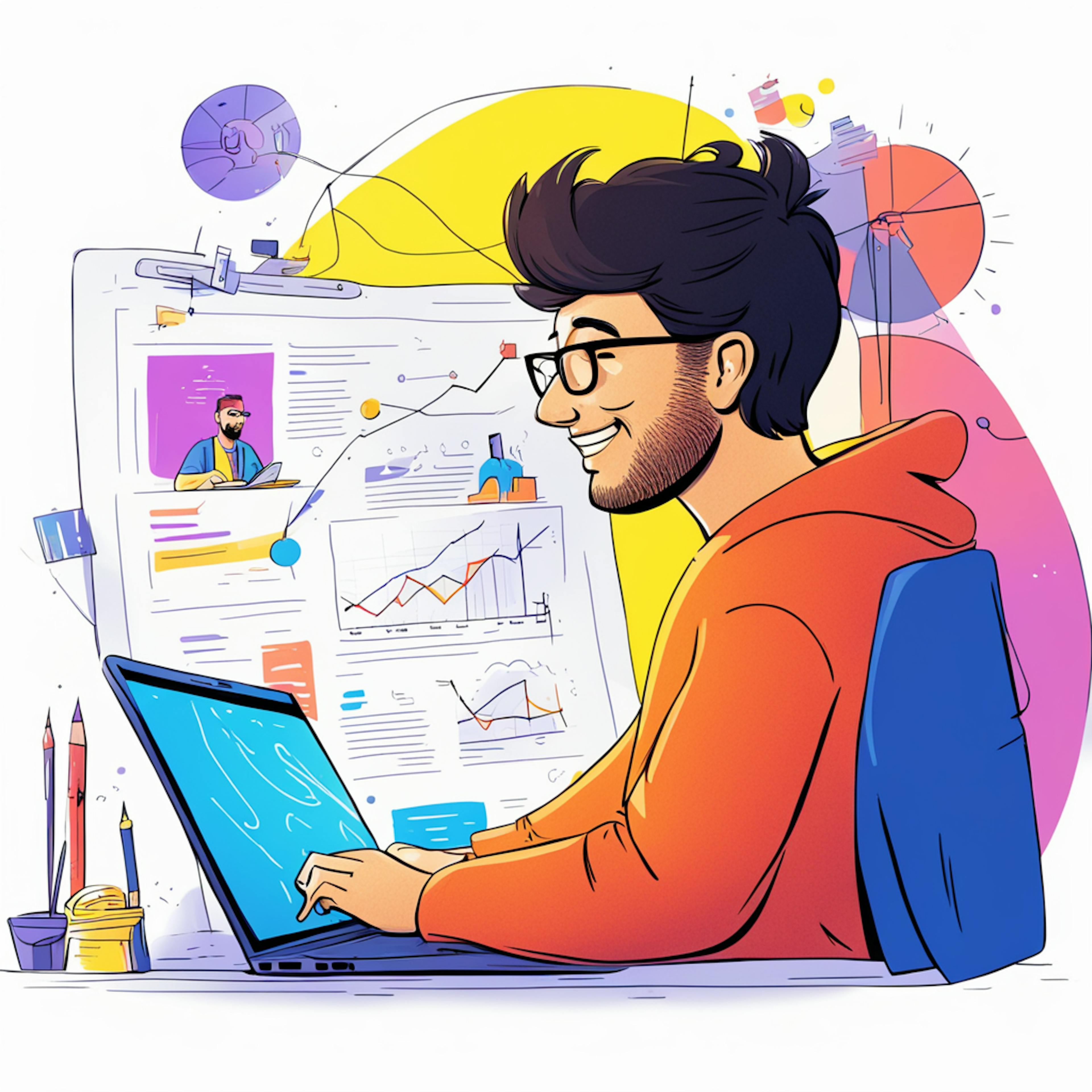 A young man in a hoodie working on his laptop, with charts, graphs, and illustrations displayed on a large screen in front of him, showcasing the design and optimization process of lead generation landing page templates aimed at capturing user attention.