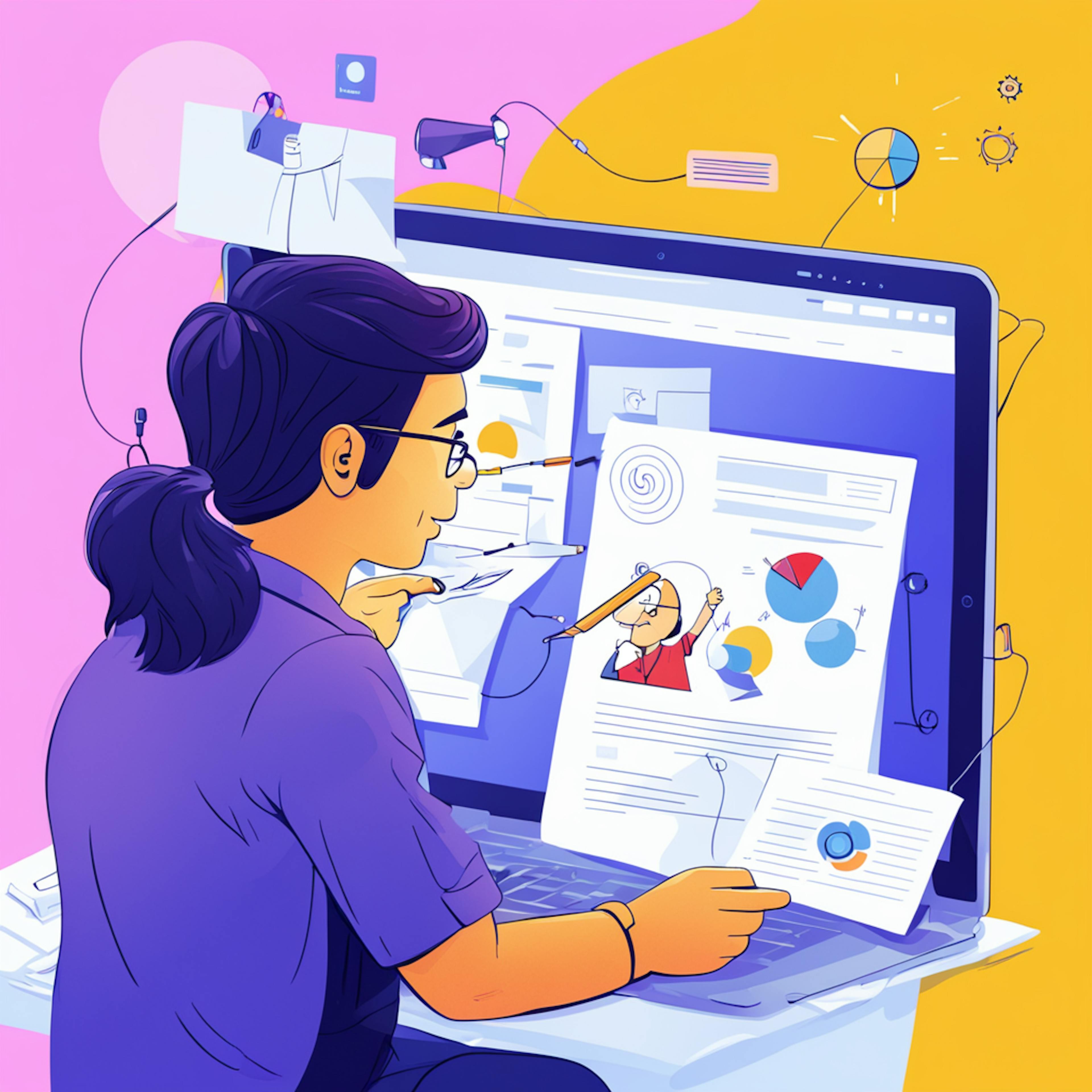 An illustration of a person with glasses and a ponytail, working on a computer filled with charts, graphs, and notes, symbolizing the analytical and creative aspects of designing lead generation landing page templates.