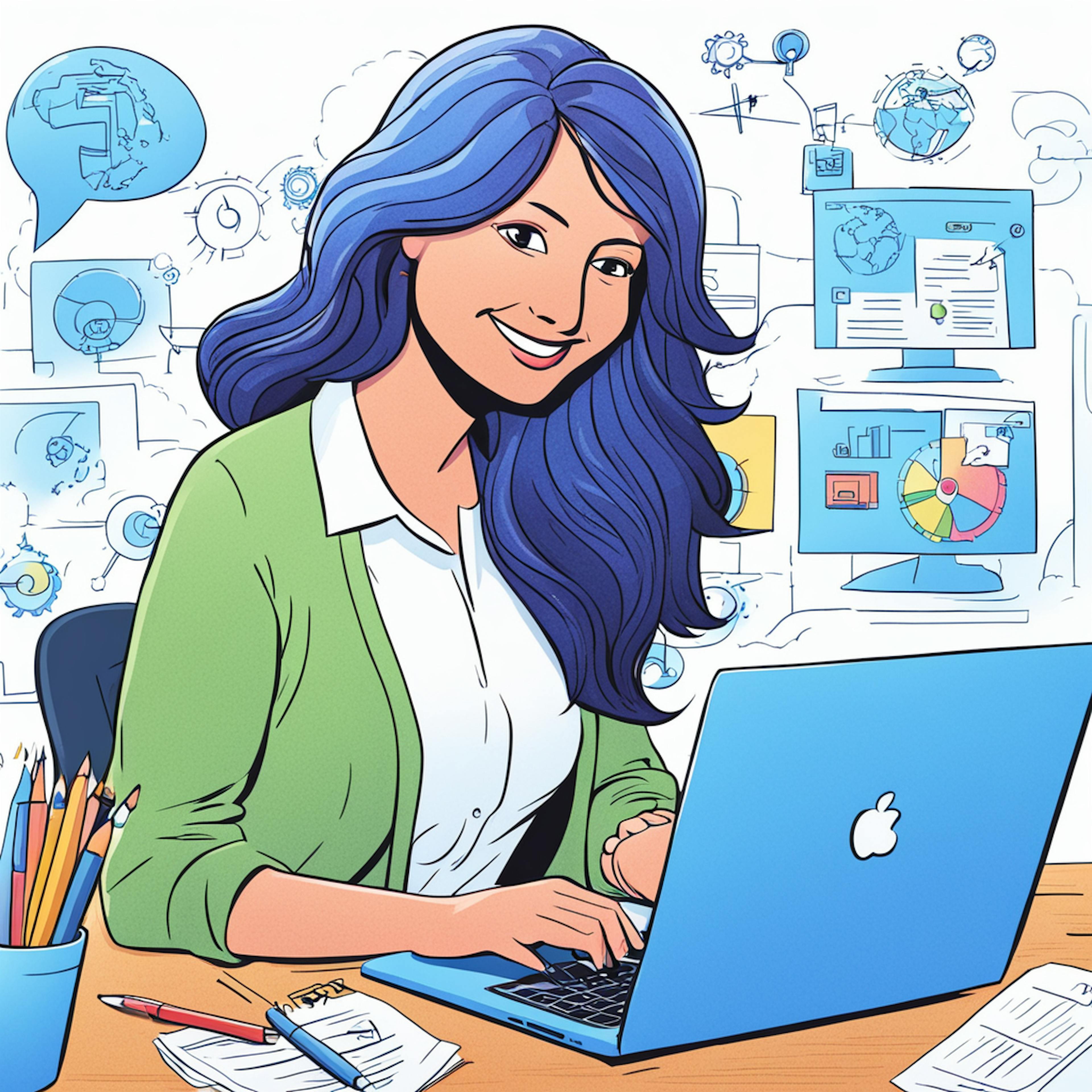 A cheerful woman with blue hair working on a laptop, surrounded by digital icons and data graphics, representing the strategic approach to crafting effective lead generation landing page templates for online engagement.