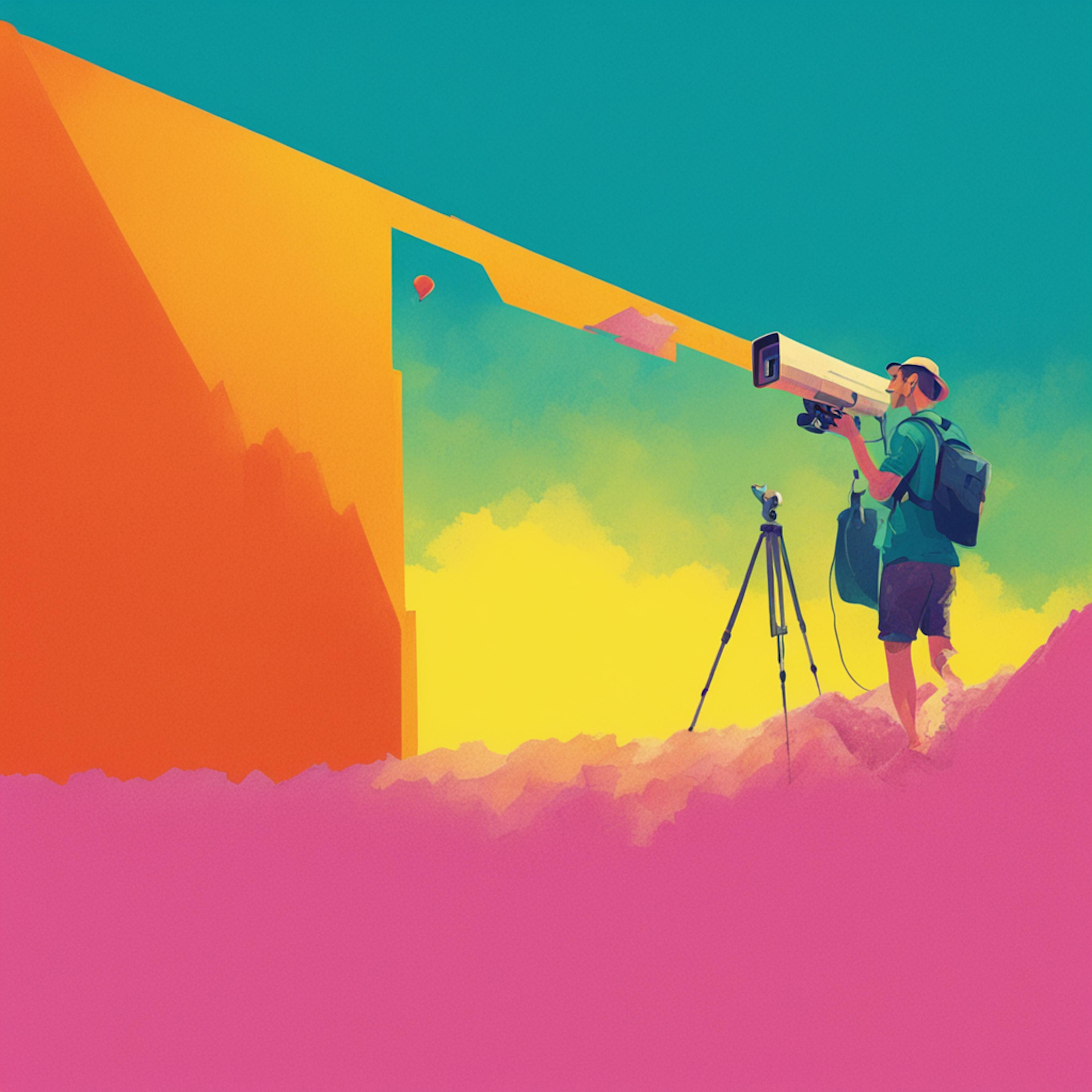 An abstract, colorful scene featuring a person with a backpack using a large camera on a tripod, capturing the moment against a bright, gradient background of teal, orange, and pink. The image conveys the adventurous and creative spirit of a social content creator exploring and documenting their environment.