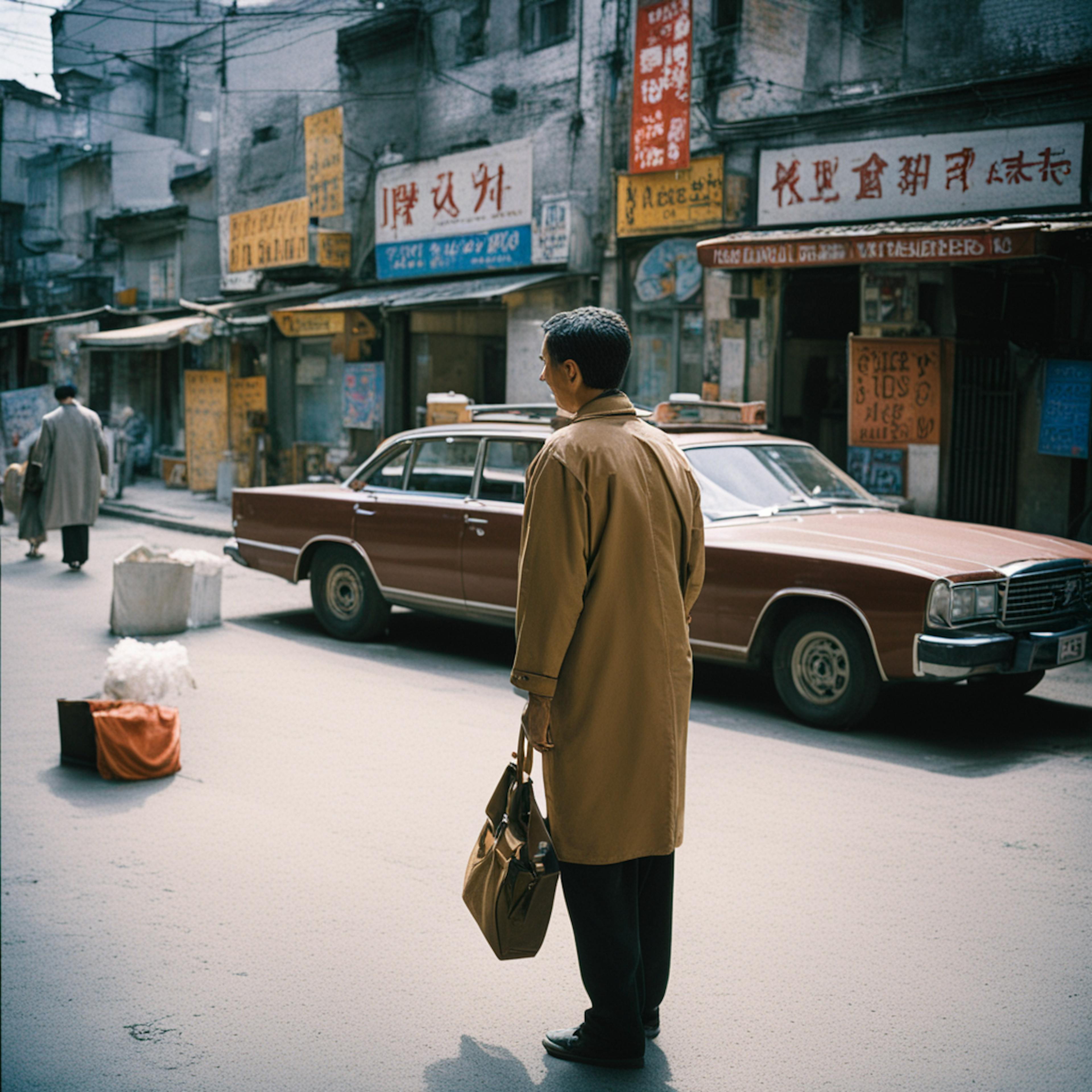 A man in a tan trench coat stands on a busy street lined with storefronts displaying signs in various languages. The scene captures a moment of anticipation and activity, reflecting the bustling atmosphere of marketing events this week.