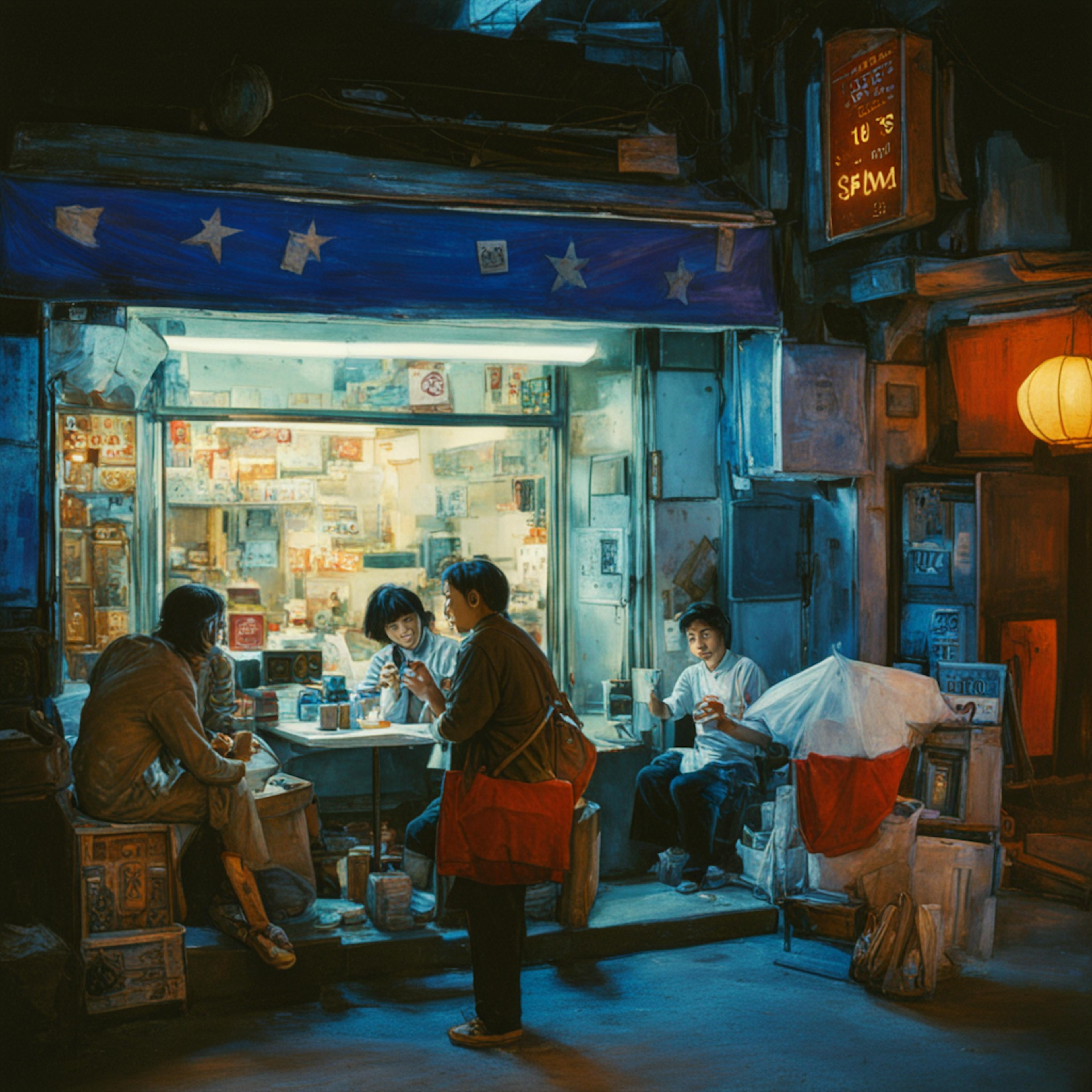 A vibrant nighttime scene showing a small group of people gathered around a brightly lit shopfront, engaged in conversation. The intimate setting underlines the community-focused vibe of marketing events this week.