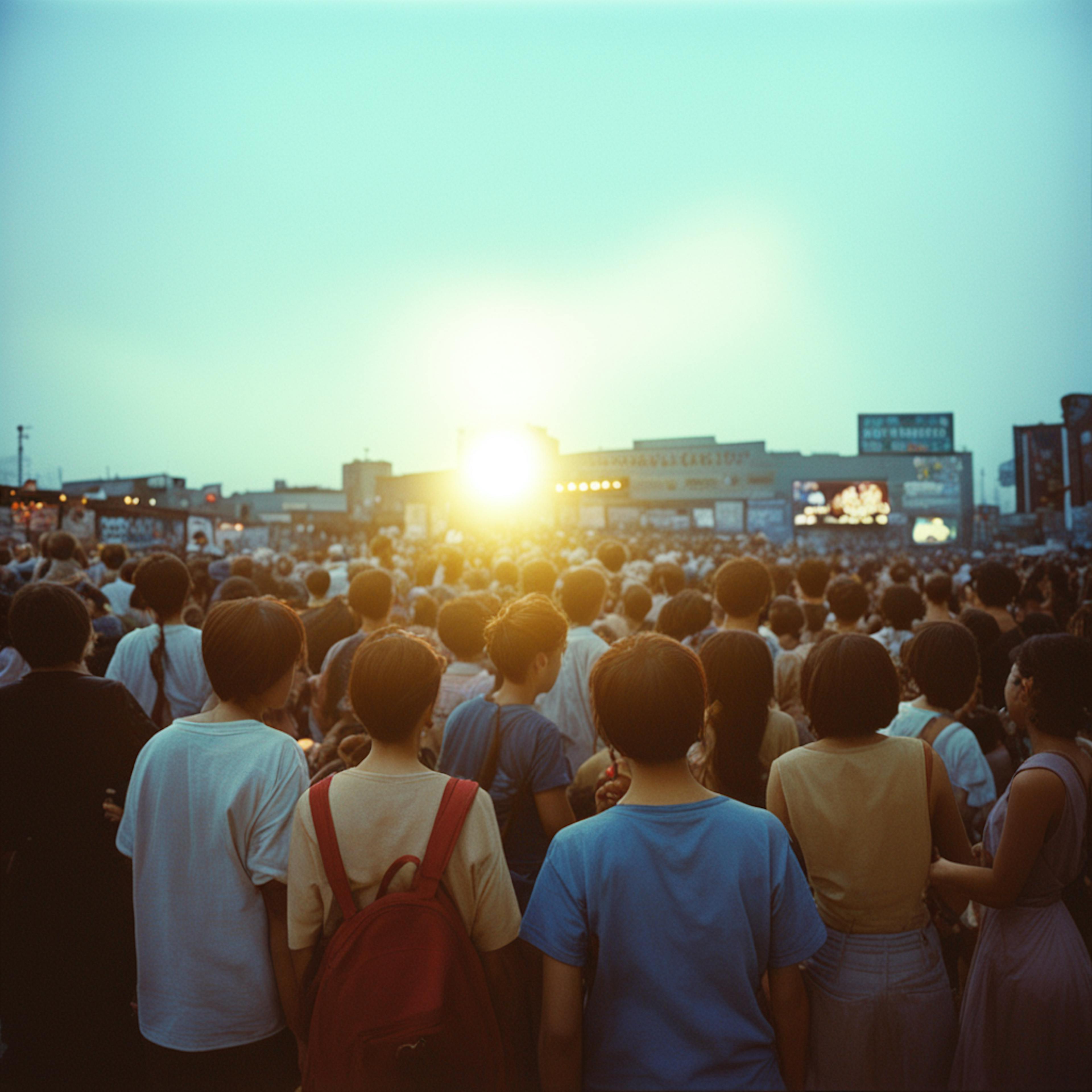 A large crowd gathers at an outdoor event as the sun sets, casting a warm glow over the scene. The collective energy of the crowd and the prominence of the event suggest the significance of marketing events this week.