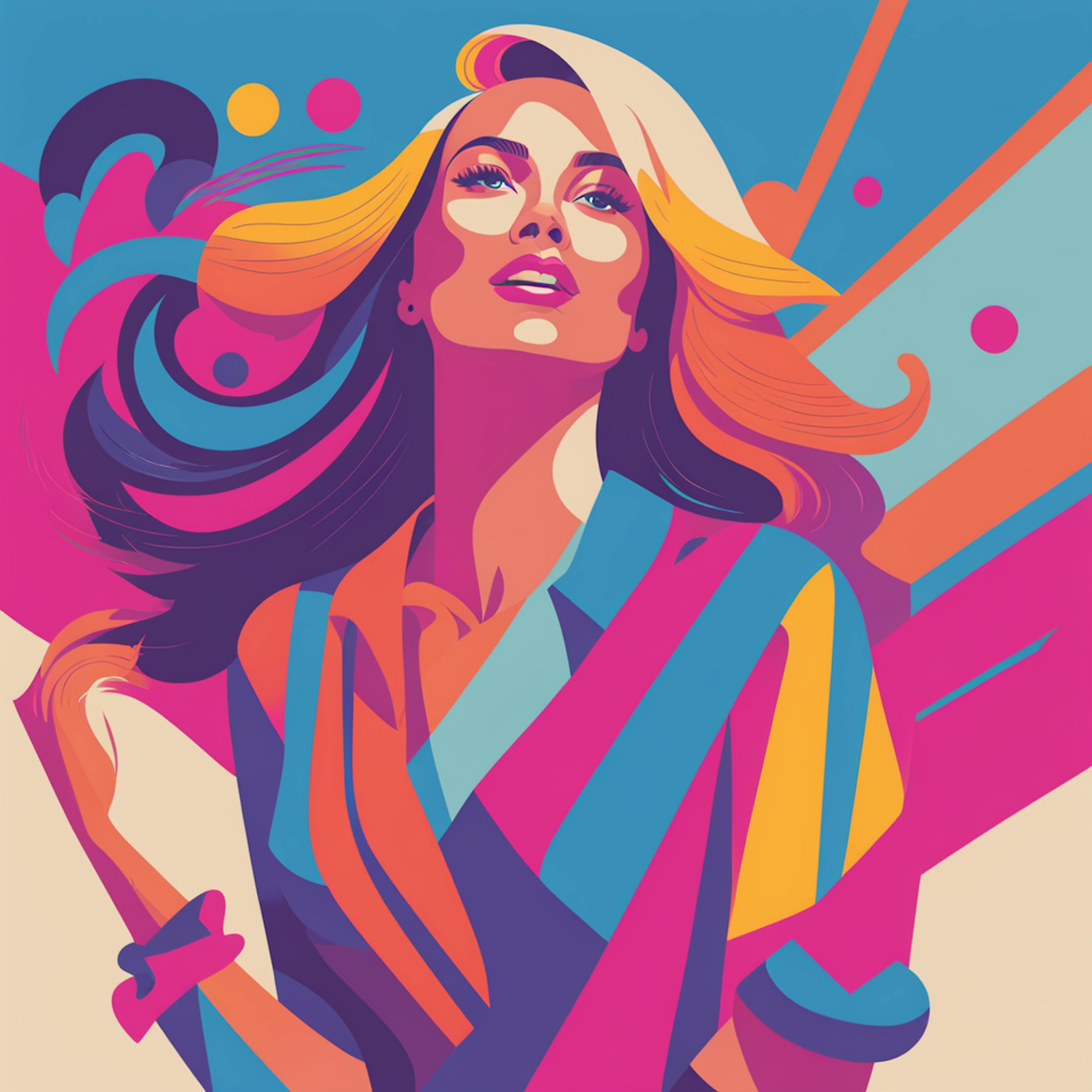 A colorful and artistic portrayal of a woman with flowing hair, looking upward with confidence. The background features abstract shapes and vibrant hues, symbolizing the energetic and dynamic appeal of social media advertising campaigns.