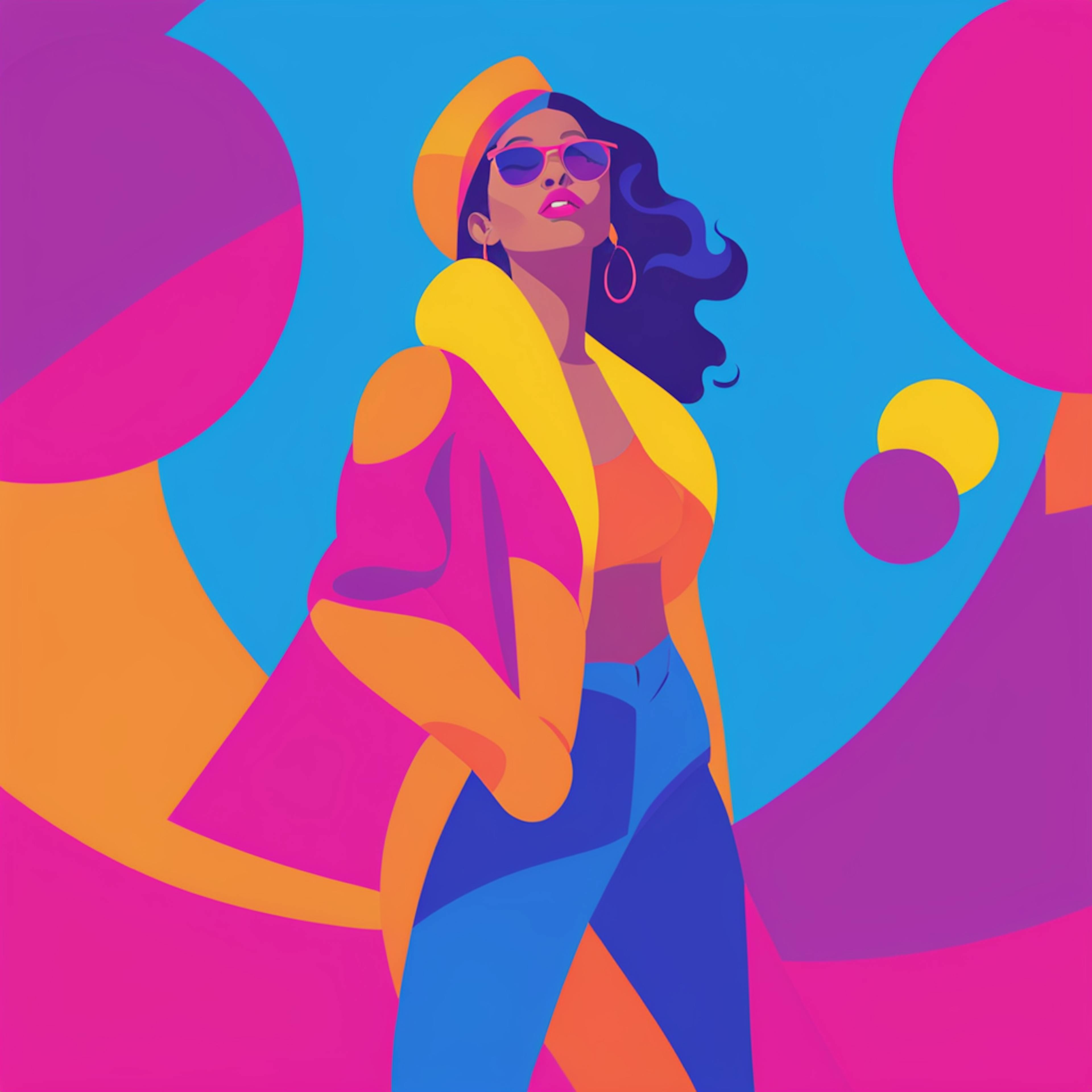 A vibrant, stylized illustration of a confident woman wearing sunglasses and a bright, colorful outfit against a dynamic background of blue and pink shapes. This image encapsulates the bold and eye-catching nature of social media advertising campaigns.