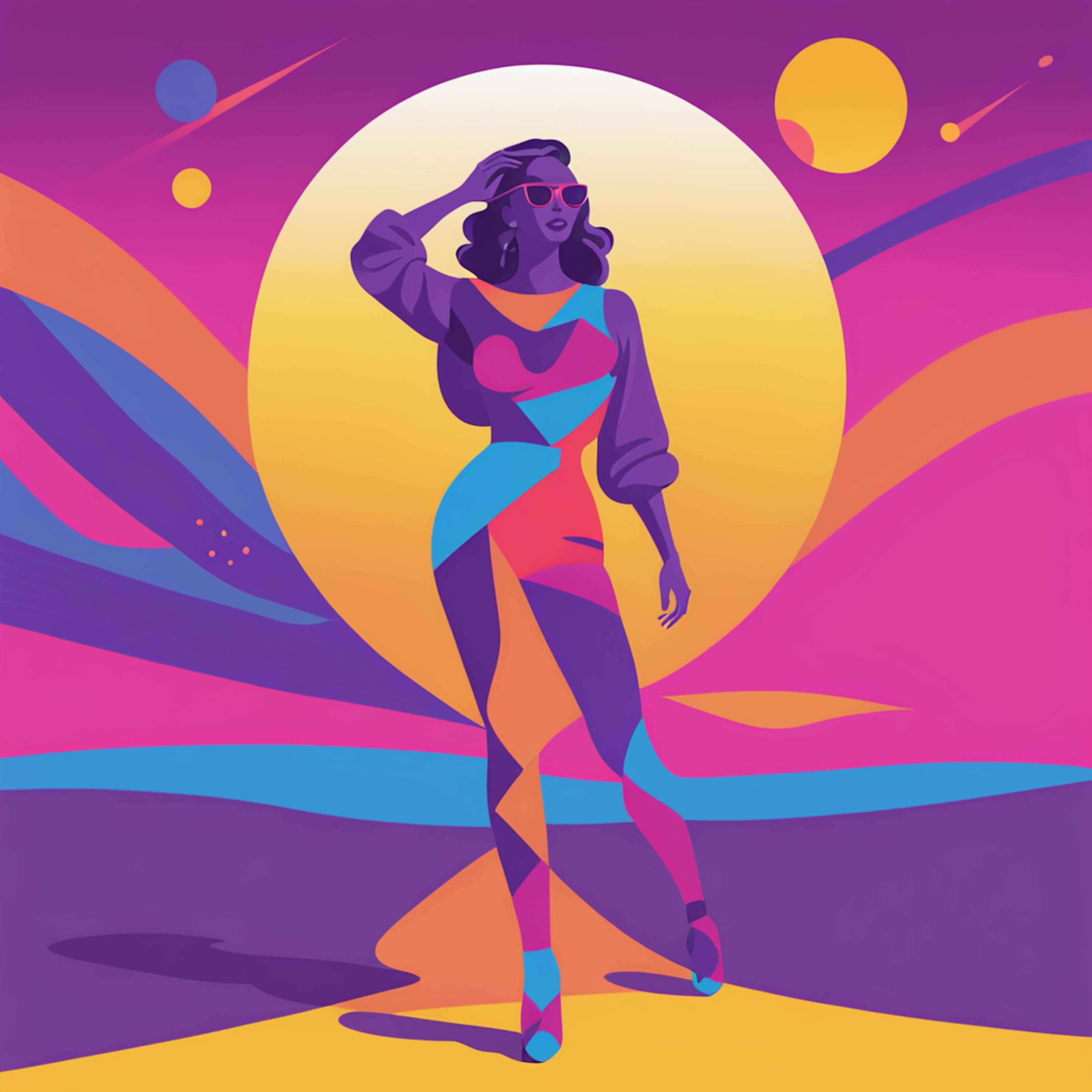 A striking illustration of a woman in a fashionable, form-fitting outfit, set against a vivid purple and yellow background with abstract elements. The design highlights the stylish and modern essence of social media advertising campaigns.