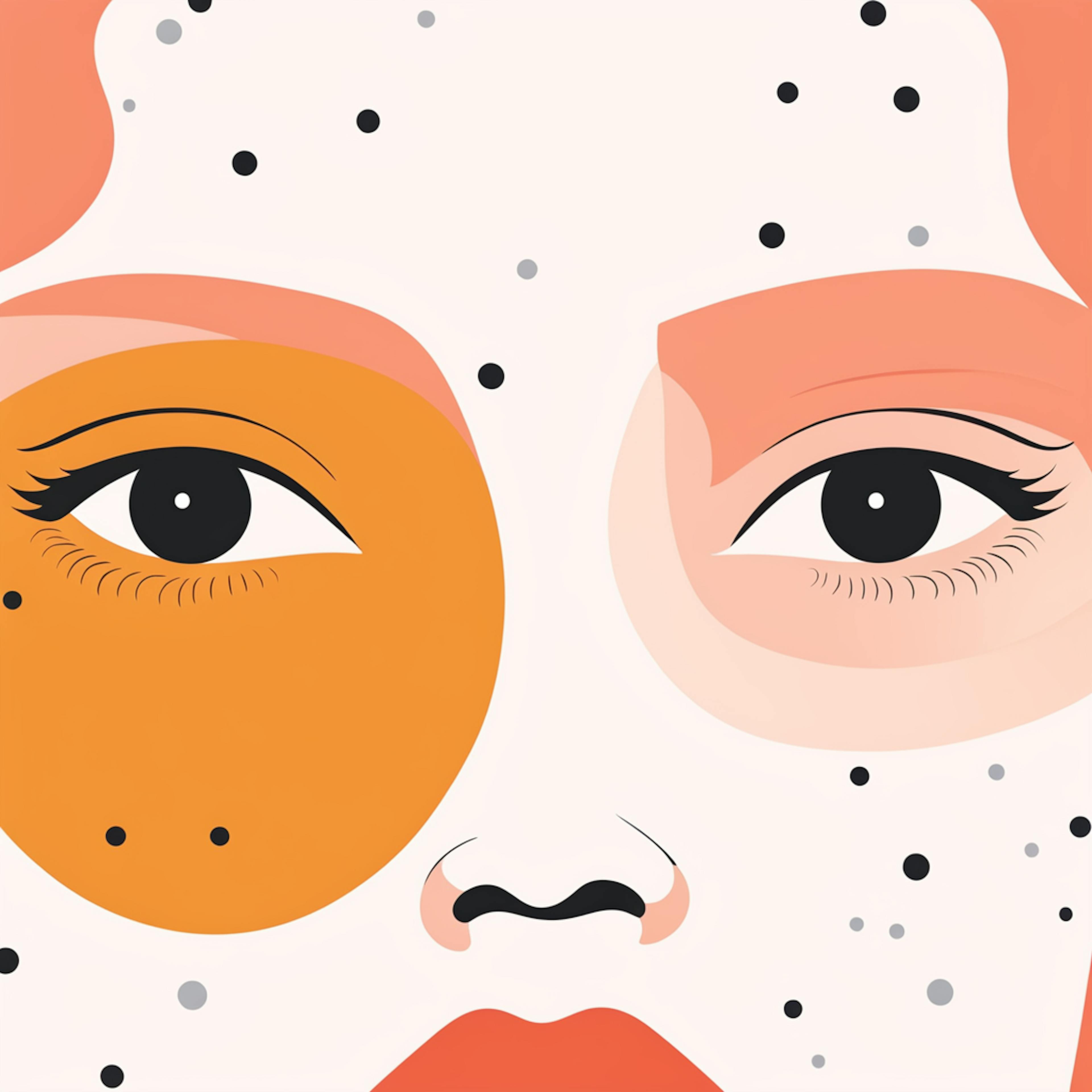 A minimalistic and abstract close-up of a face with orange and peach color blocks and black dots, creating a striking and artistic composition. The image represents the creative use of tools graphics in modern design.