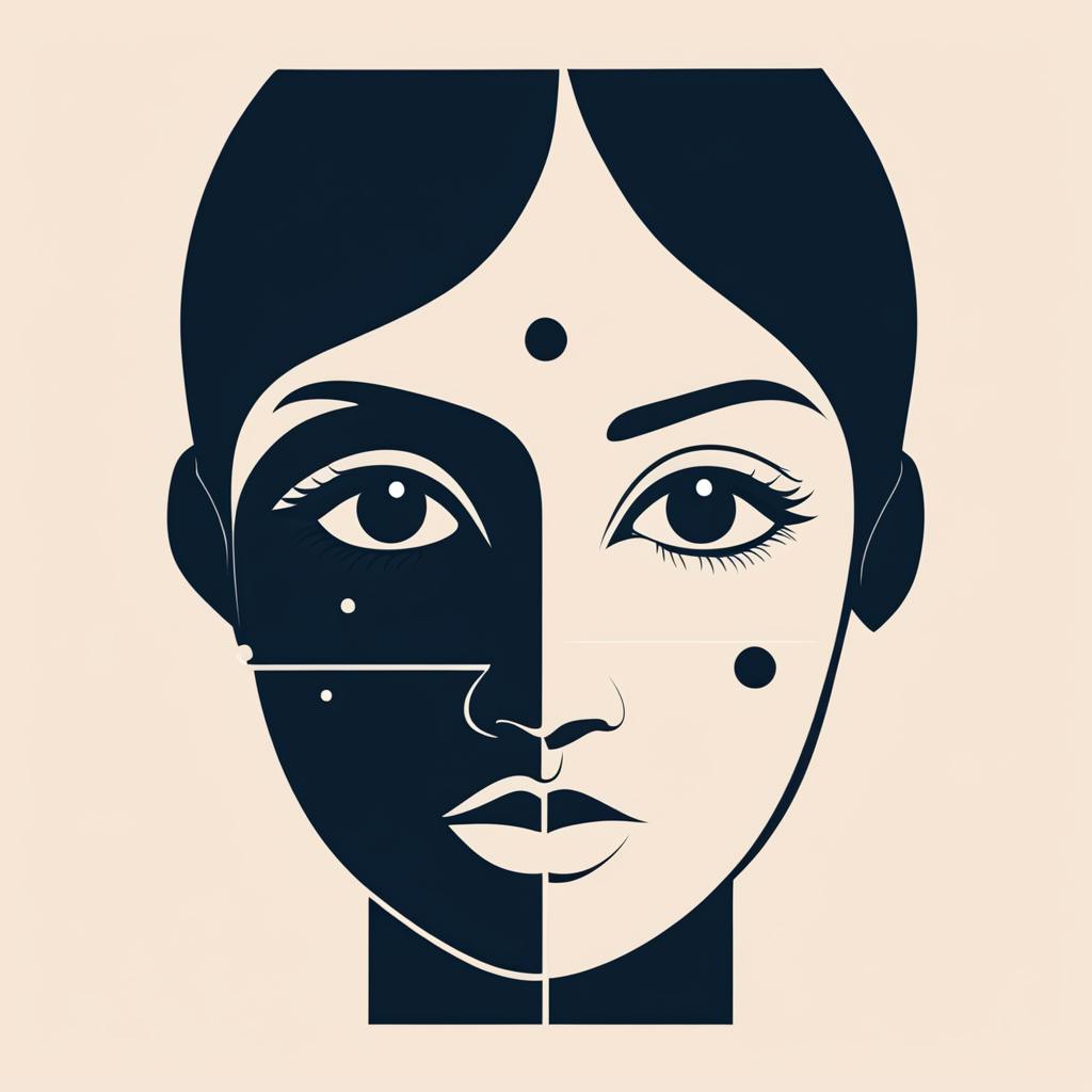 A stylized, symmetrical face divided into contrasting black and white halves, with geometric shapes and dots adding a modern, graphic touch. This image highlights the precision and balance found in tools graphics used for design purposes.