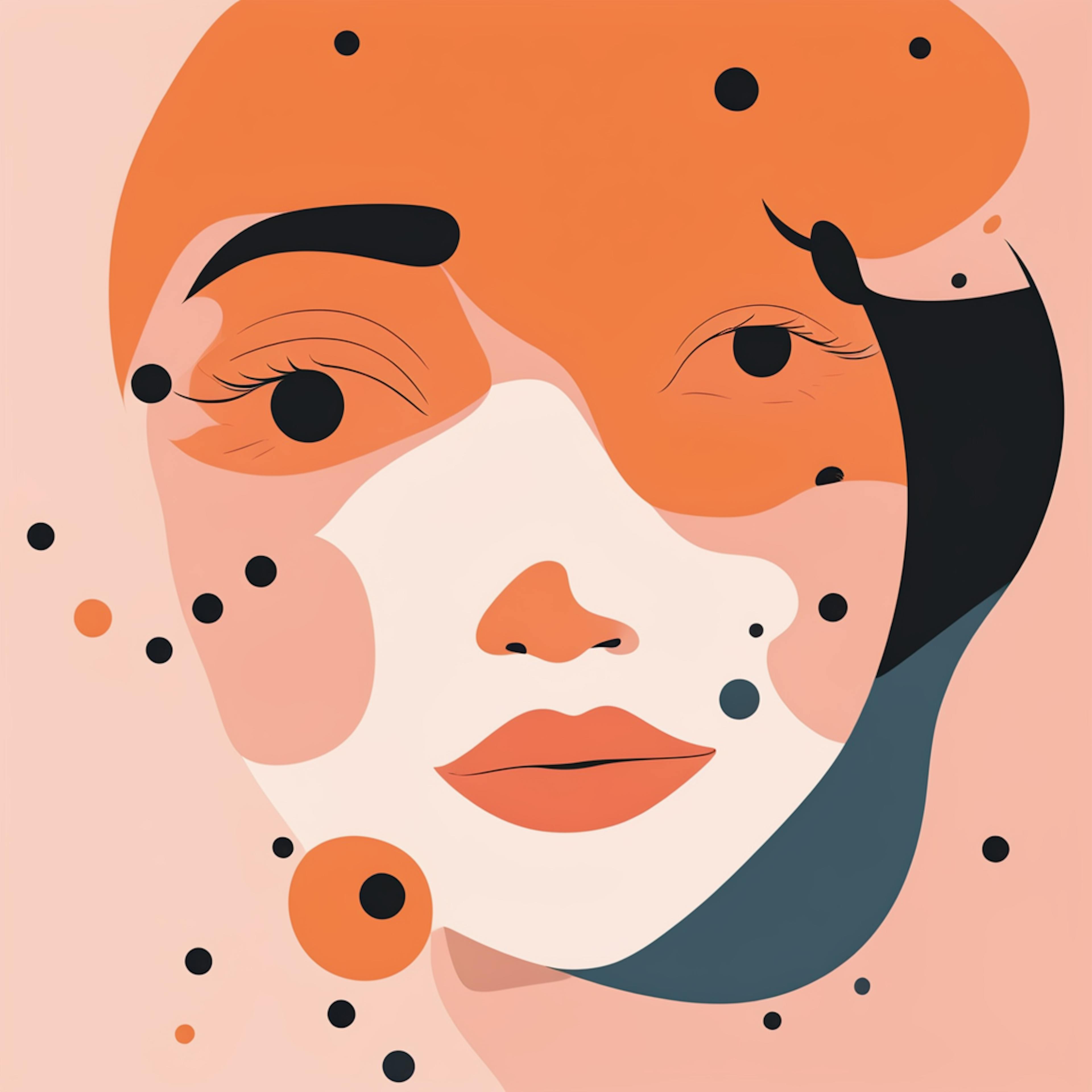 An abstract face design with flowing orange and black shapes, combined with scattered dots, creating a visually dynamic and artistic representation. The image reflects the versatility and creativity of tools graphics in contemporary graphic design.