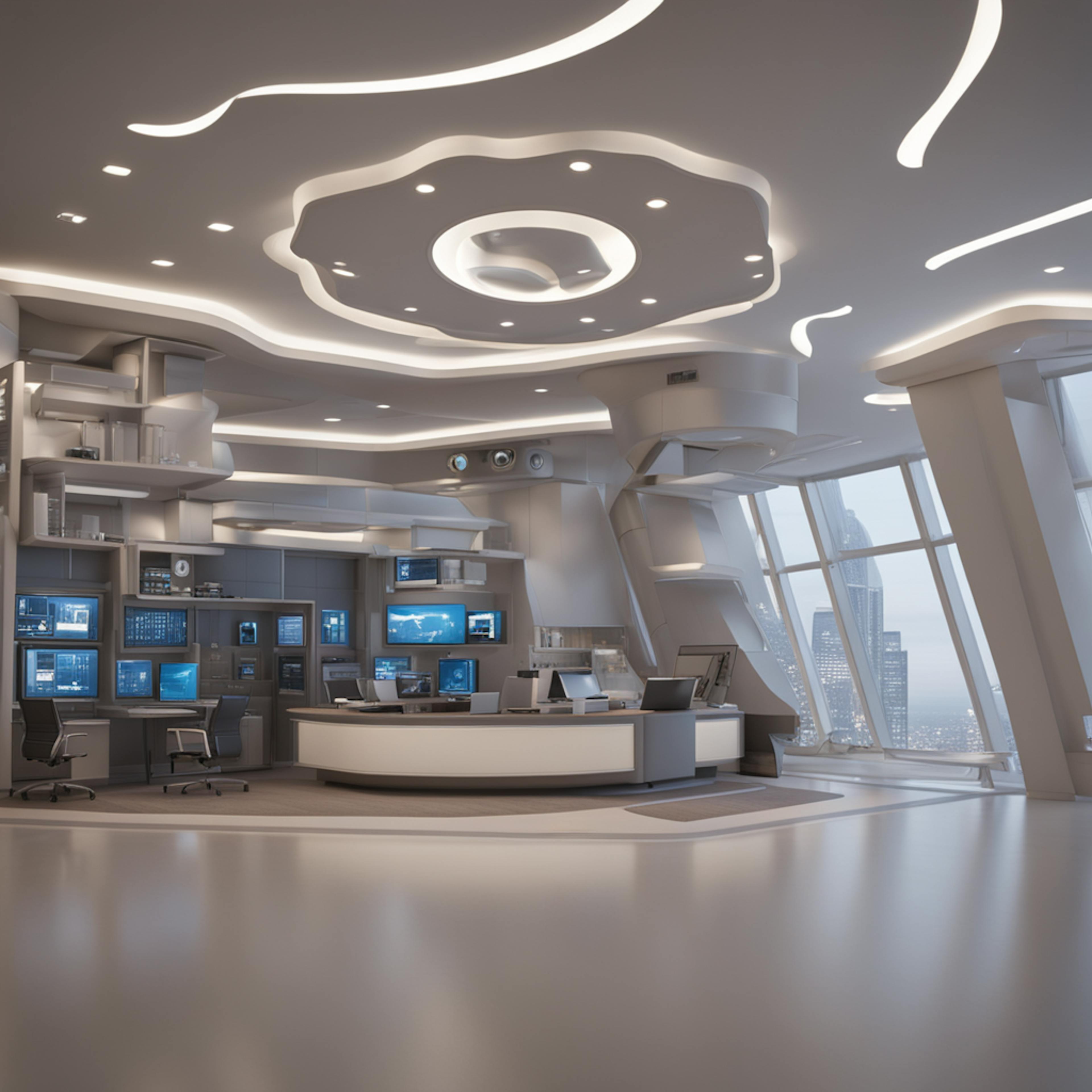 A state-of-the-art control center with a curved desk, multiple monitors displaying data, and a panoramic view of the city through large windows. The design conveys the importance of comprehensive monitoring and strategy in managing different types of lead generation.