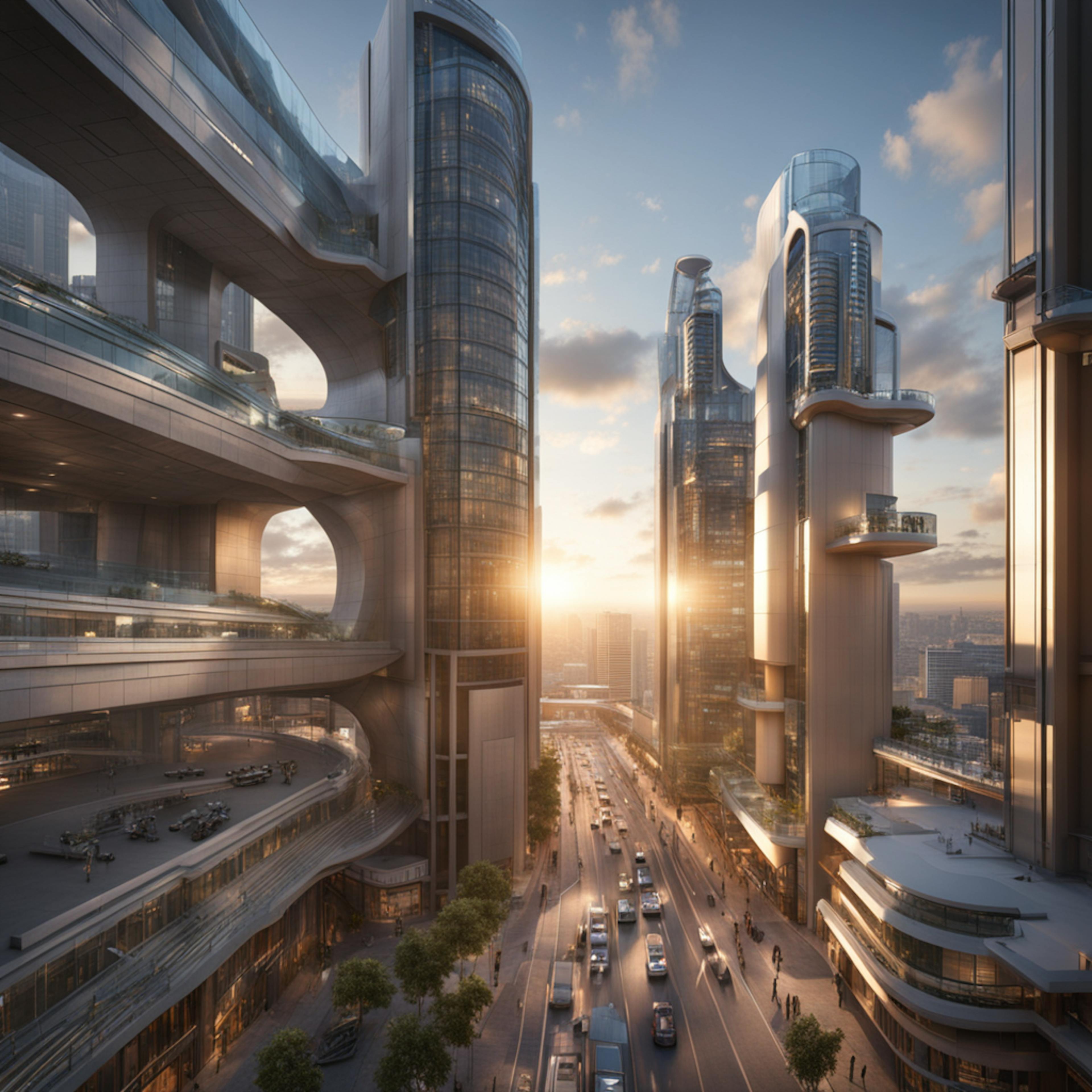 A cityscape featuring towering, futuristic buildings with glass facades and intricate architecture. The scene symbolizes the expansive reach and innovative strategies involved in different types of lead generation in a modern urban setting.