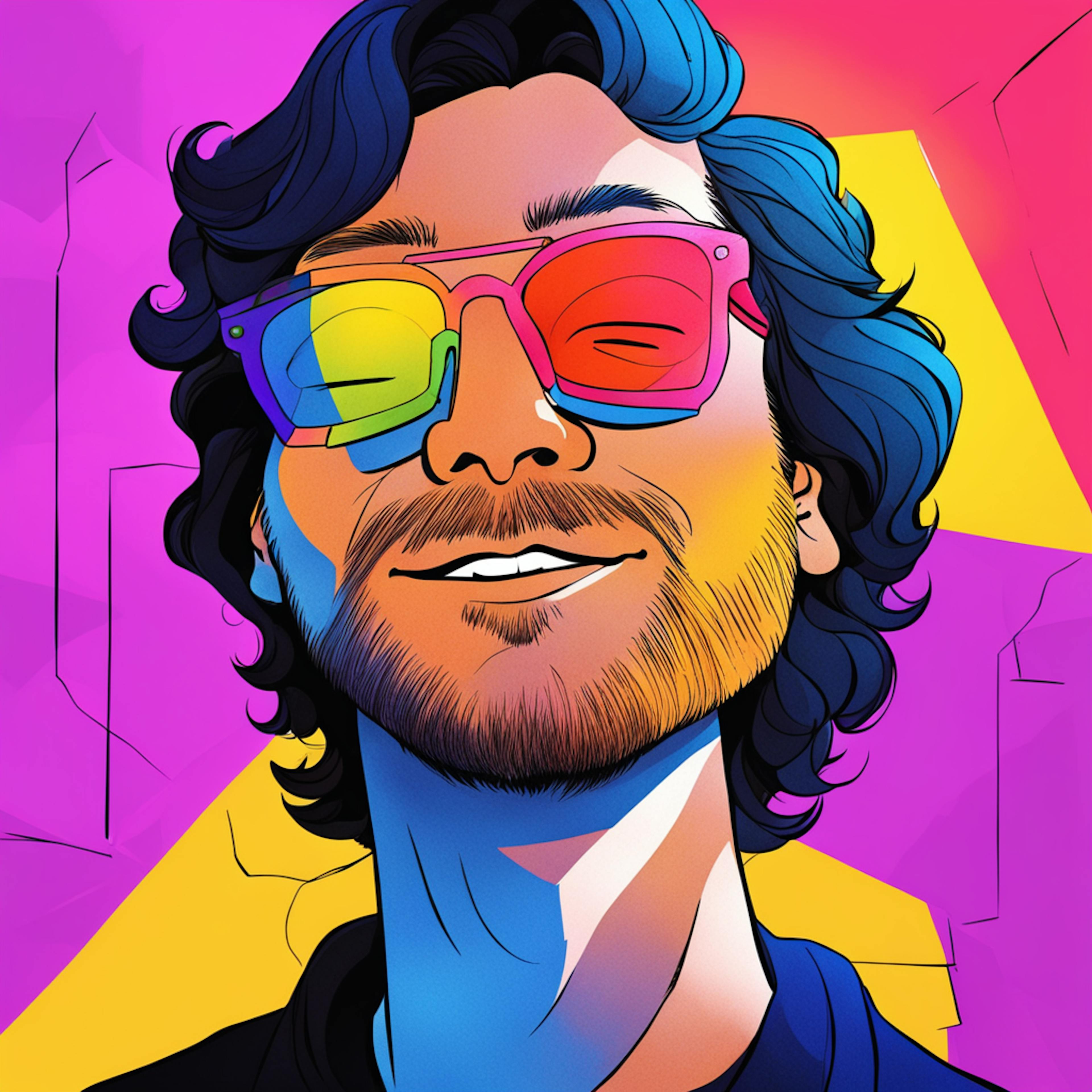 A colorful, illustrated portrait of a smiling person wearing rainbow-tinted sunglasses against a bold, geometric background. The playful and modern design highlights the user-focused and visually appealing nature of UX design services.