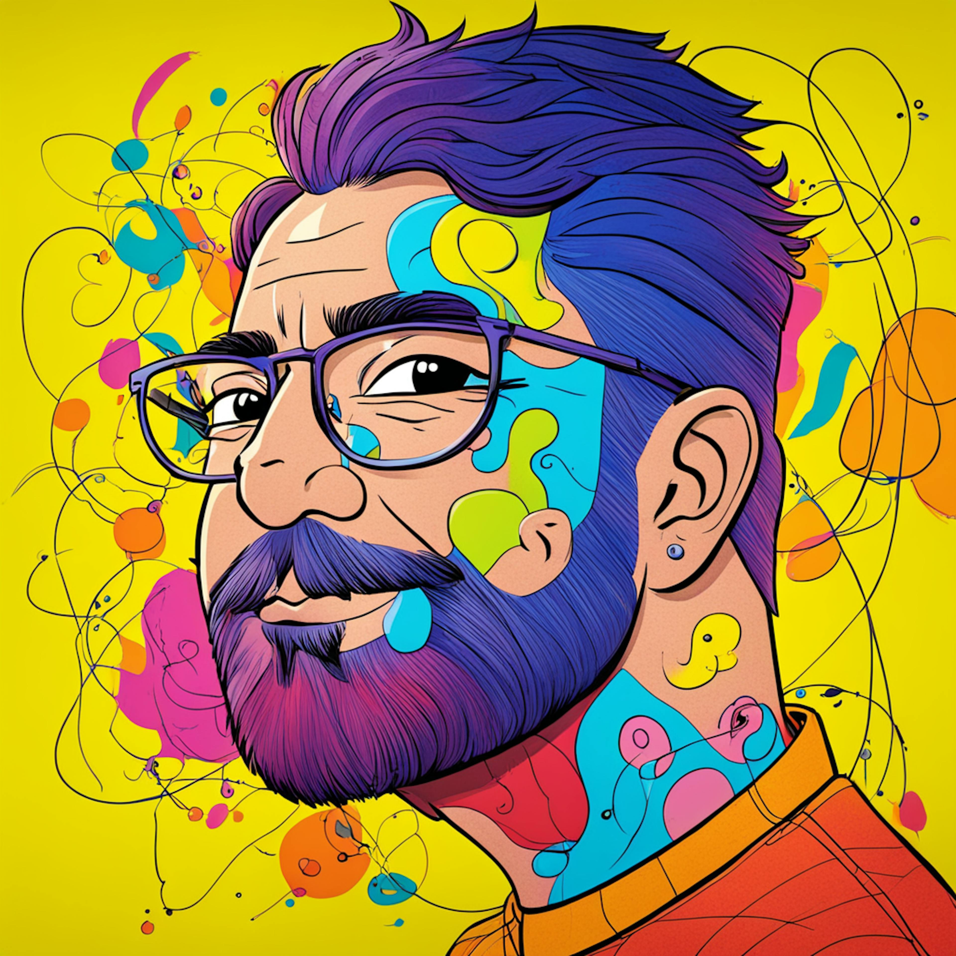 A vibrant, stylized portrait of a person with a colorful, abstract design on their face and a background filled with dynamic lines and shapes. The image reflects the creativity and innovation associated with UX design services.