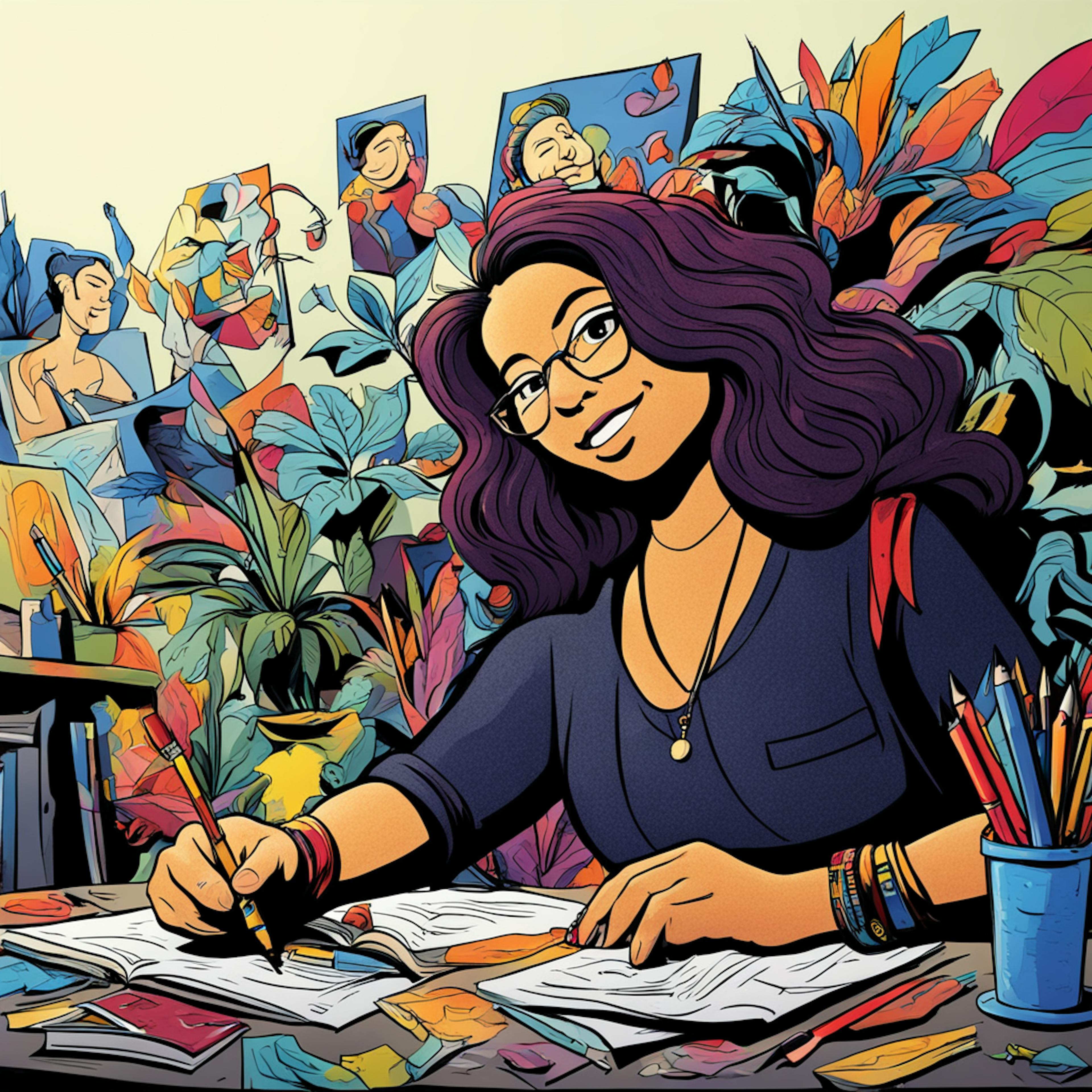 An illustration of a person working at a desk surrounded by art supplies and vibrant, leafy plants. The scene is rich with color and creativity, symbolizing the artistic and thoughtful approach inherent in UX design services.