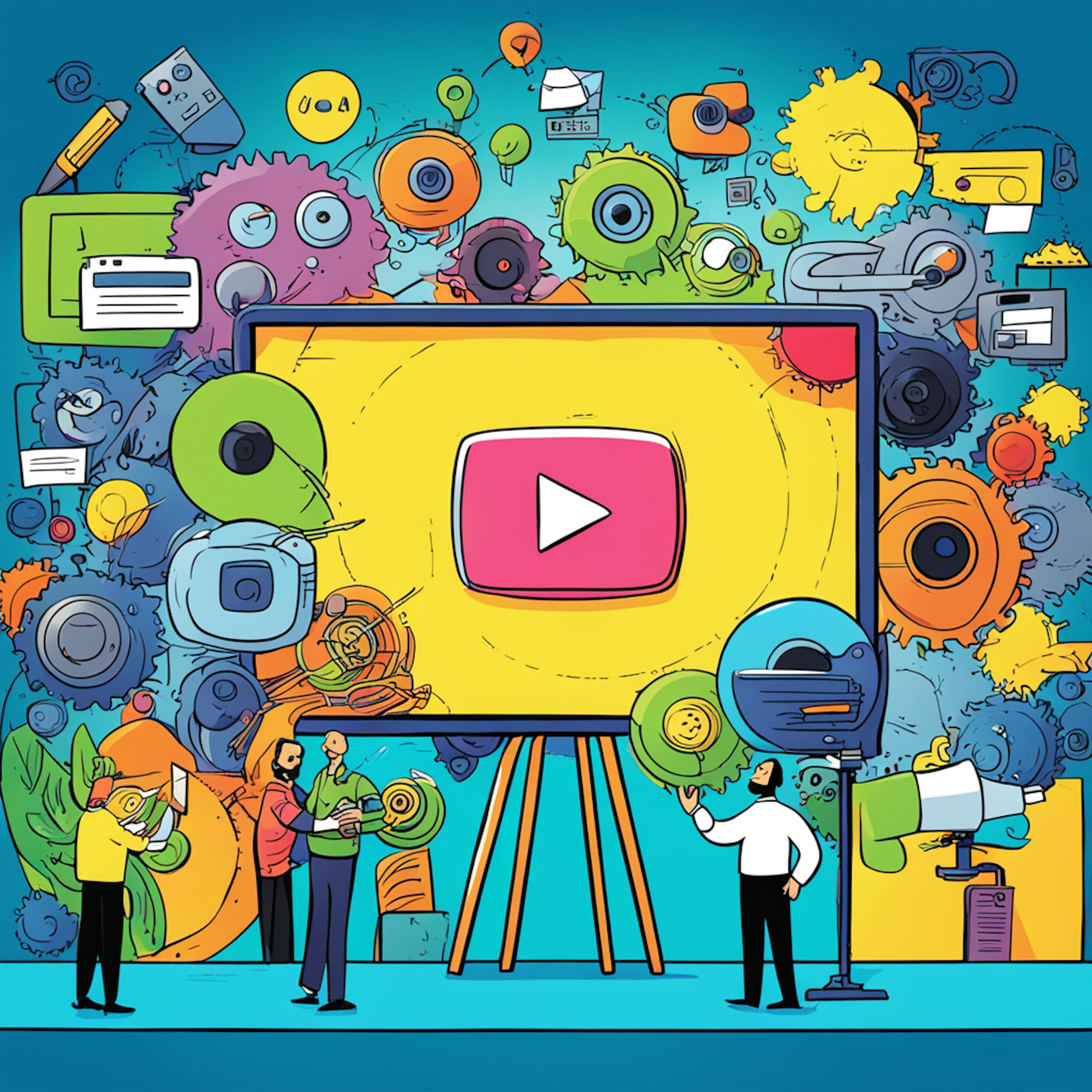 A vibrant illustration featuring a large screen with a play button in the center, surrounded by gears, icons, and people discussing ideas. The dynamic composition highlights the various aspects of video marketing services.