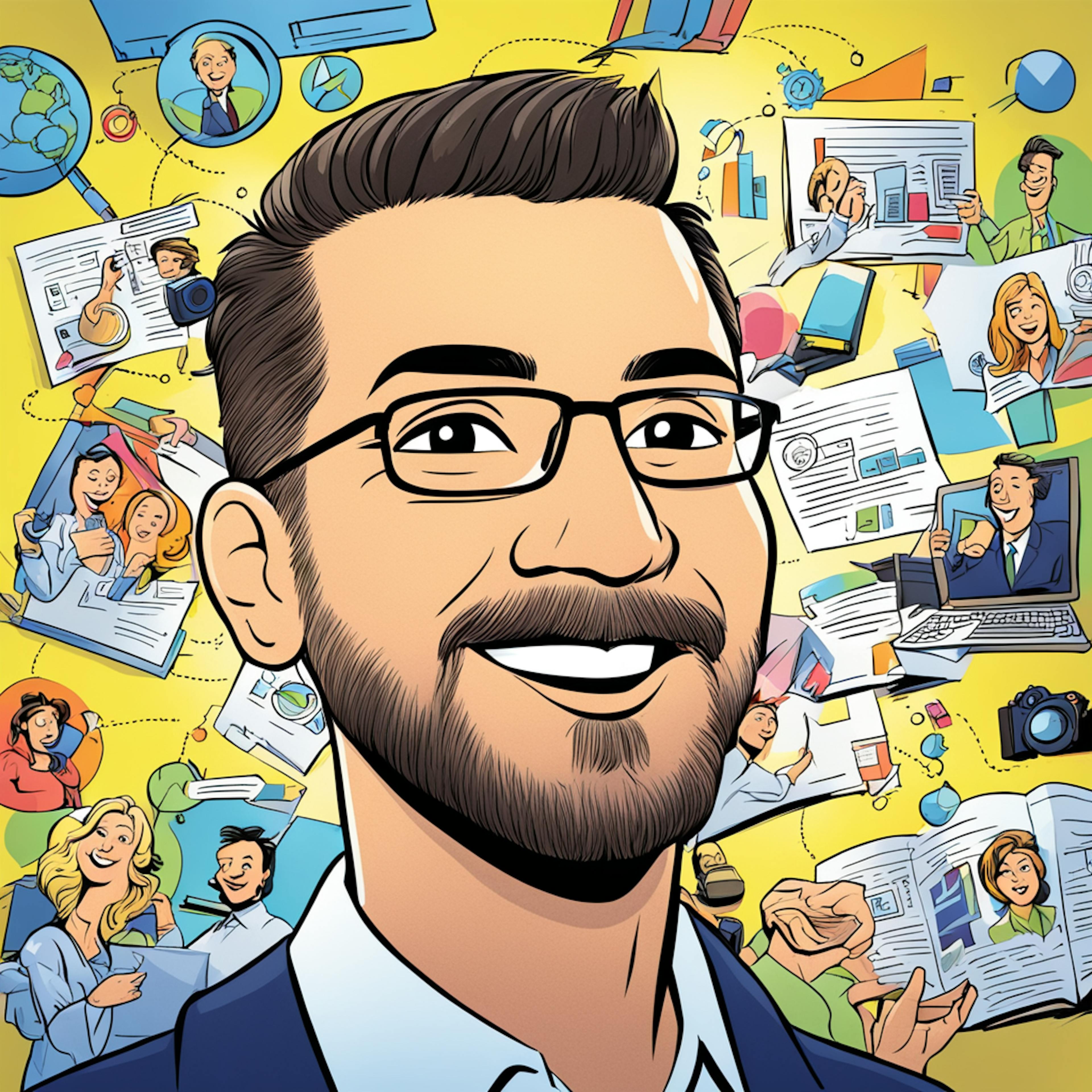 A stylized portrait of a smiling person surrounded by various digital and paper elements representing content creation, such as cameras, documents, and computers. The image emphasizes the comprehensive nature of video marketing services.