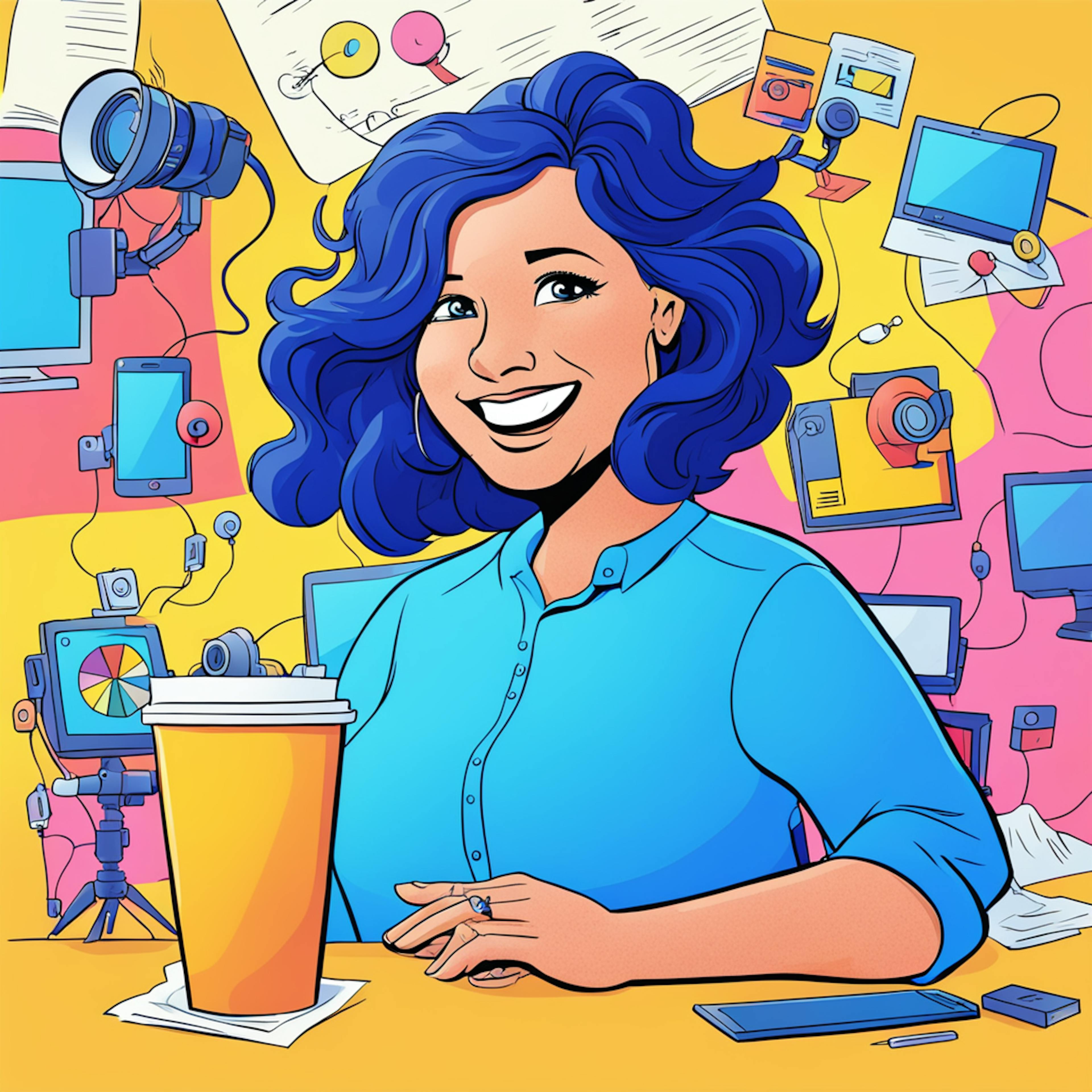 A cheerful person with blue hair, sitting at a desk with a coffee cup, surrounded by cameras, screens, and other digital tools. The scene portrays the creativity and energy involved in offering video marketing services.