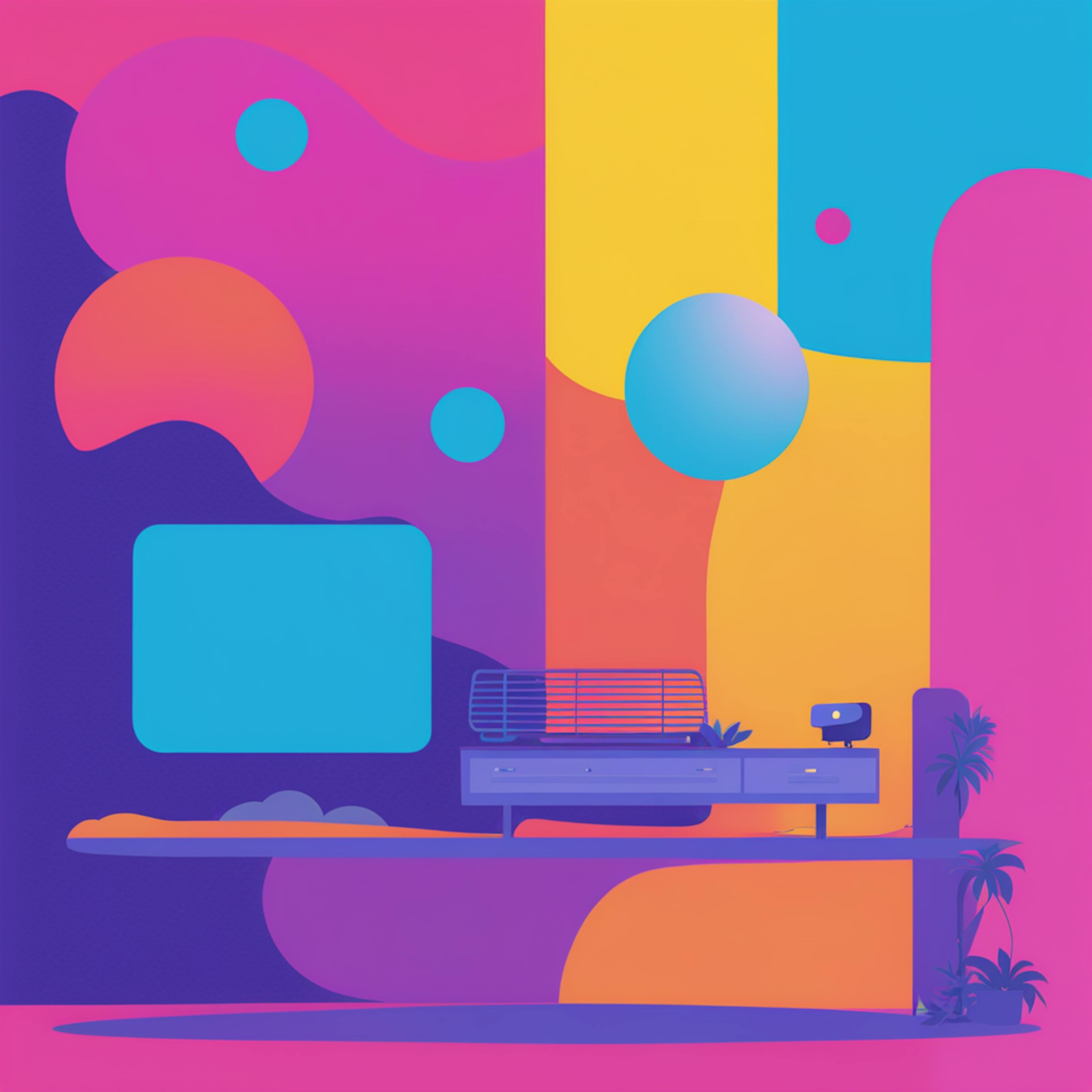  A vibrant and abstract digital art piece featuring bold shapes and colors, with a minimalist design that includes a simple desk setup. The playful and modern aesthetic makes it an ideal visual for a website introduction page, capturing attention and setting a creative tone.