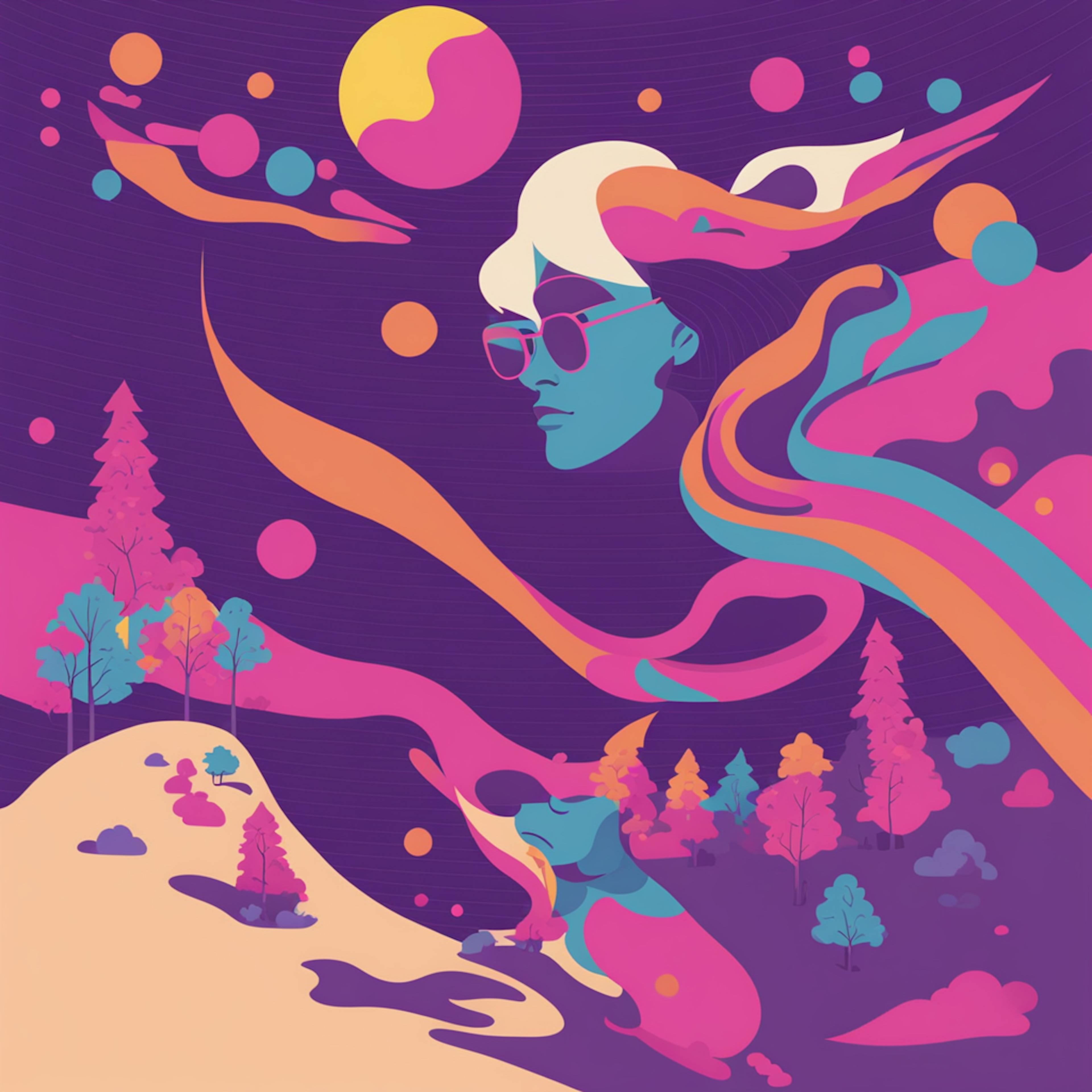 An artistic, surreal illustration of a person’s profile surrounded by swirling colorful shapes and a dreamlike landscape with trees and abstract elements. The imaginative and immersive style of this image is perfect for a website introduction page, creating a captivating first impression.