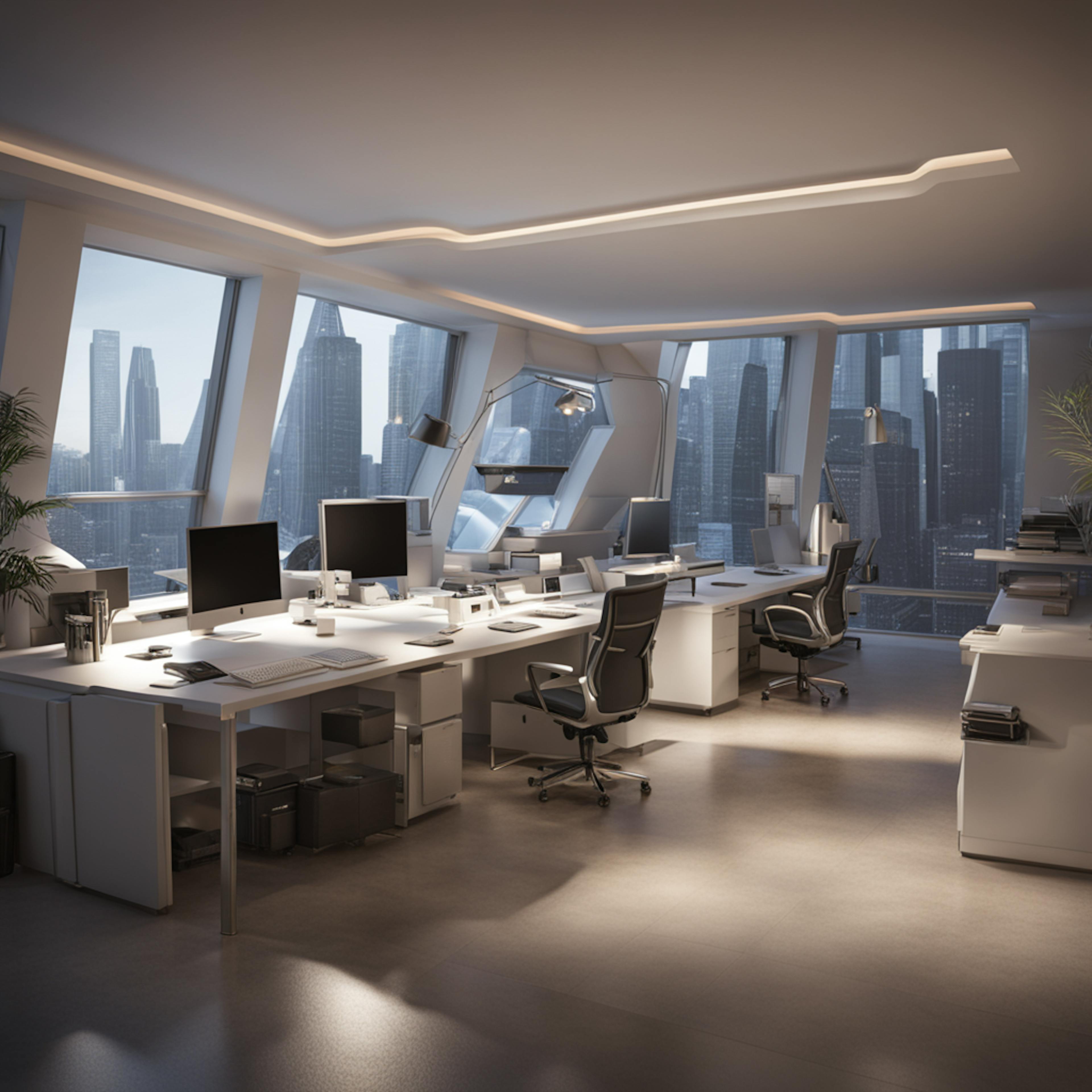 A sleek, modern office space with large windows overlooking a city skyline. The clean lines and contemporary design elements create a professional and welcoming atmosphere, ideal for a "Welcome to Home Page" message.