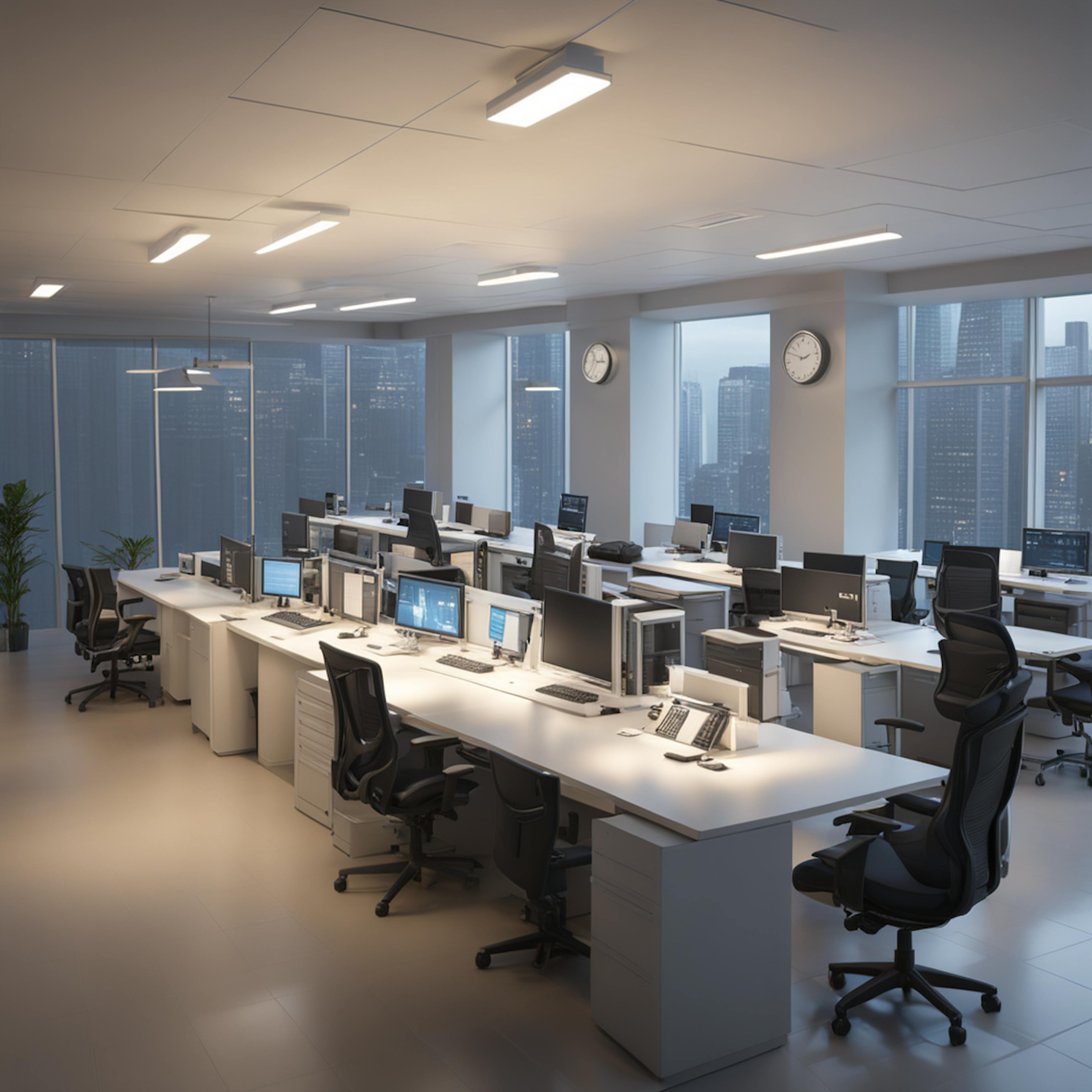 A spacious, well-lit office environment featuring rows of desks with computers and chairs, set against a backdrop of tall city buildings visible through large windows. This setting conveys a sense of efficiency and productivity, making it suitable for a "Welcome to Home Page" introduction.