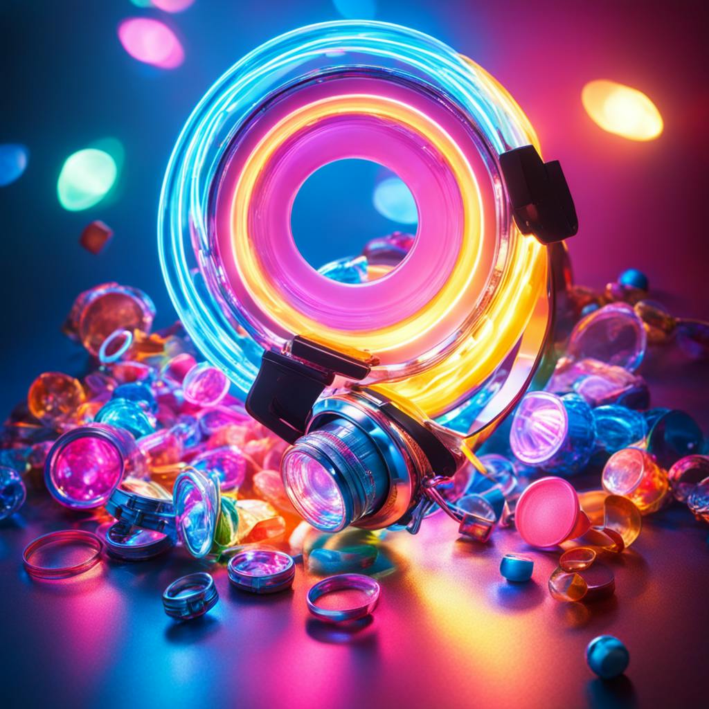 A close-up shot of a neon-lit camera lens surrounded by vibrant, multicolored rings and lenses, creating a visually captivating scene. This artistic representation can be used to explain "what is a squeeze page" by highlighting the importance of visual appeal and attention-grabbing elements.