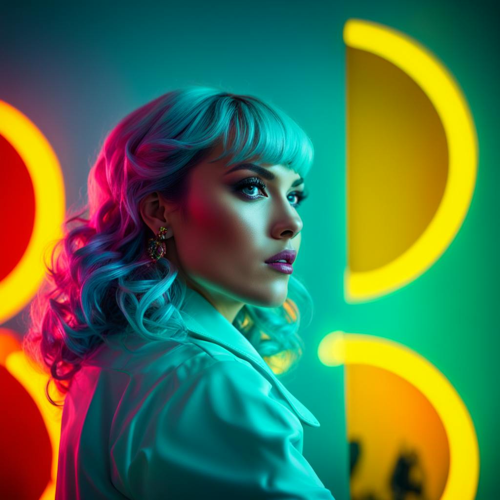 A stylized portrait of a woman with vibrant, blue hair set against a background of glowing neon circles and shapes. The image is visually striking and could be used to capture attention on a squeeze page, explaining "what is a squeeze page" by drawing viewers in with bold visuals.