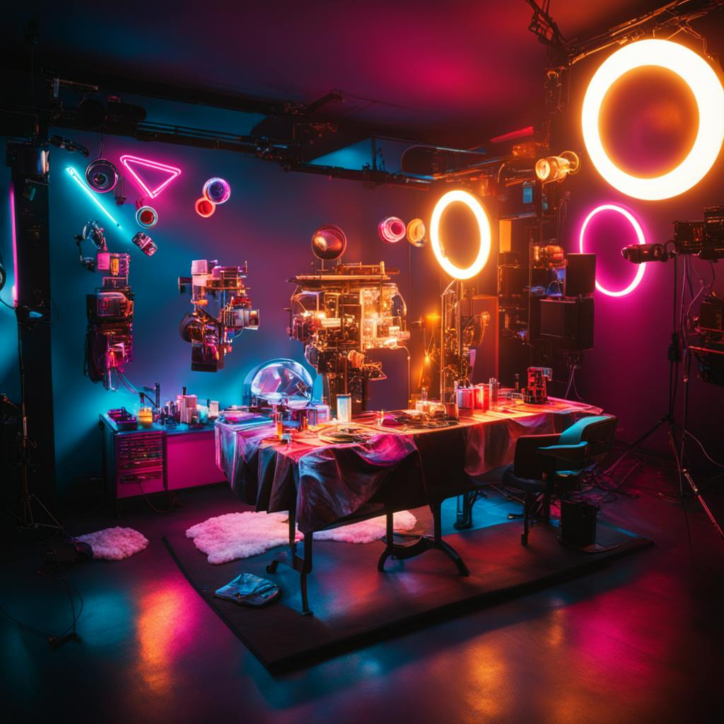 A high-tech studio filled with equipment, colorful neon lights, and a workbench, creating a futuristic and creative environment. This setting is ideal for illustrating "what is a squeeze page," emphasizing the setup and design elements that can enhance user engagement.