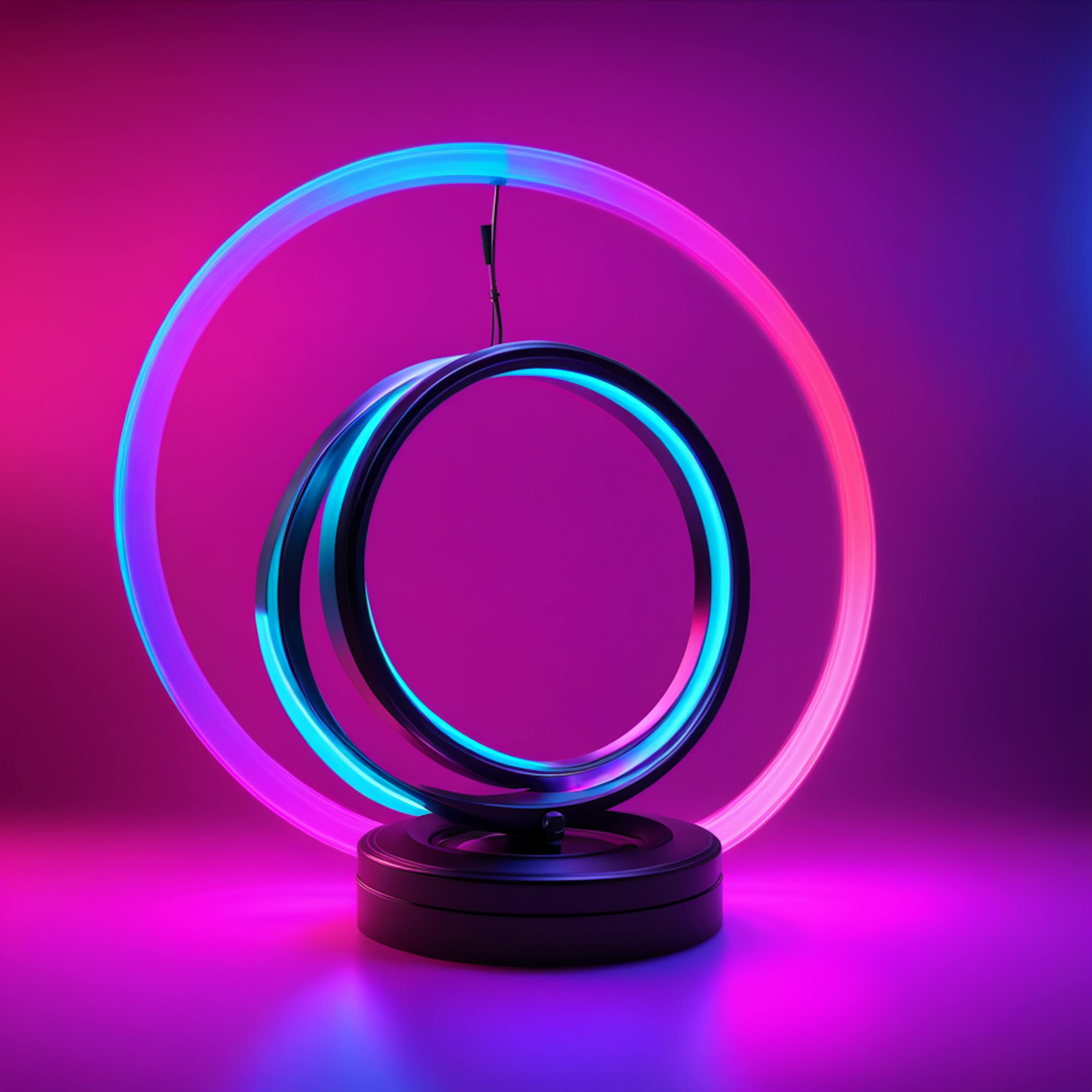 A futuristic circular neon light sculpture in pink and blue hues, representing the innovative creativity behind graphic design services.