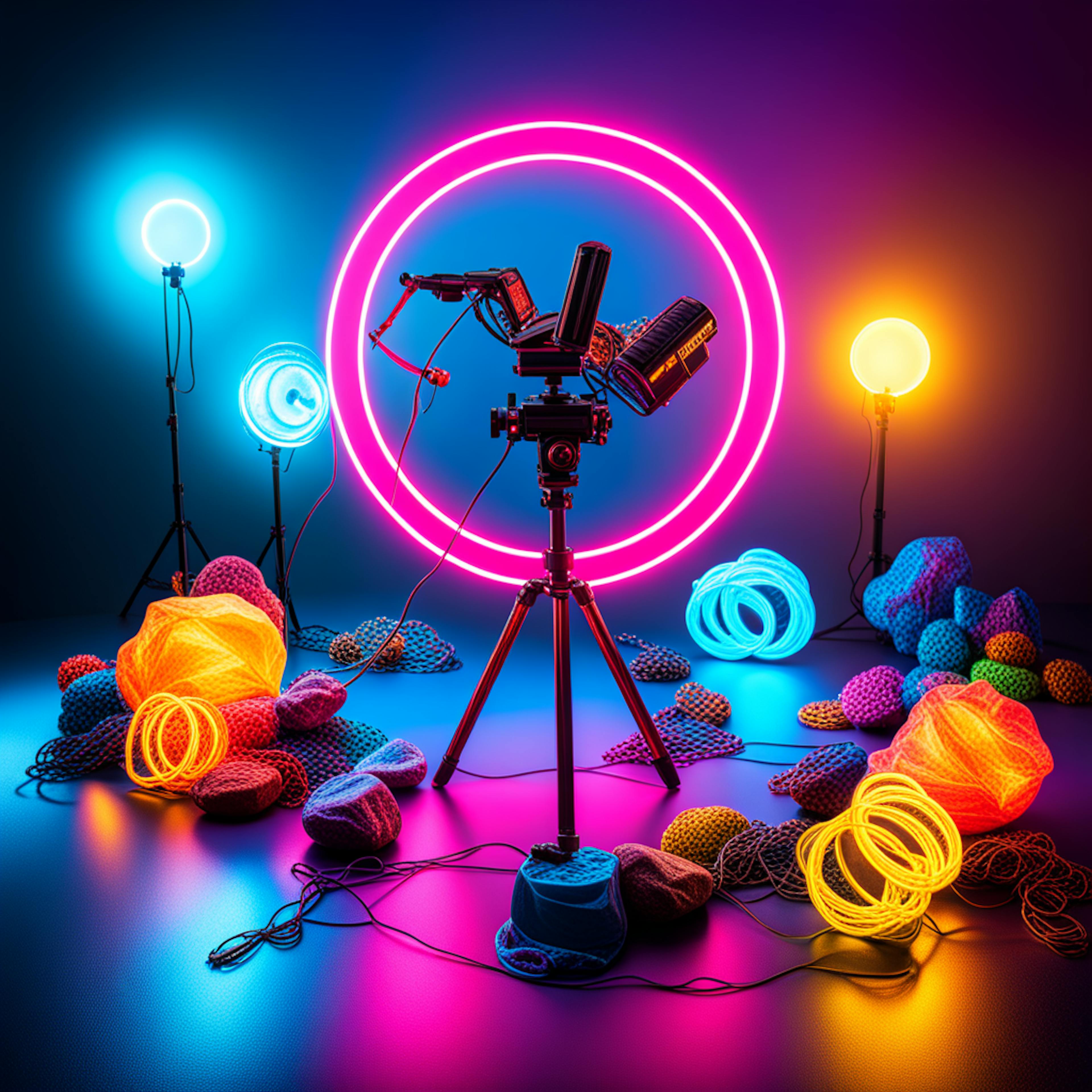 A vibrant studio setup with neon lights, a camera on a tripod, and colorful textured objects, illustrating the dynamic environment of professional graphic design services.
