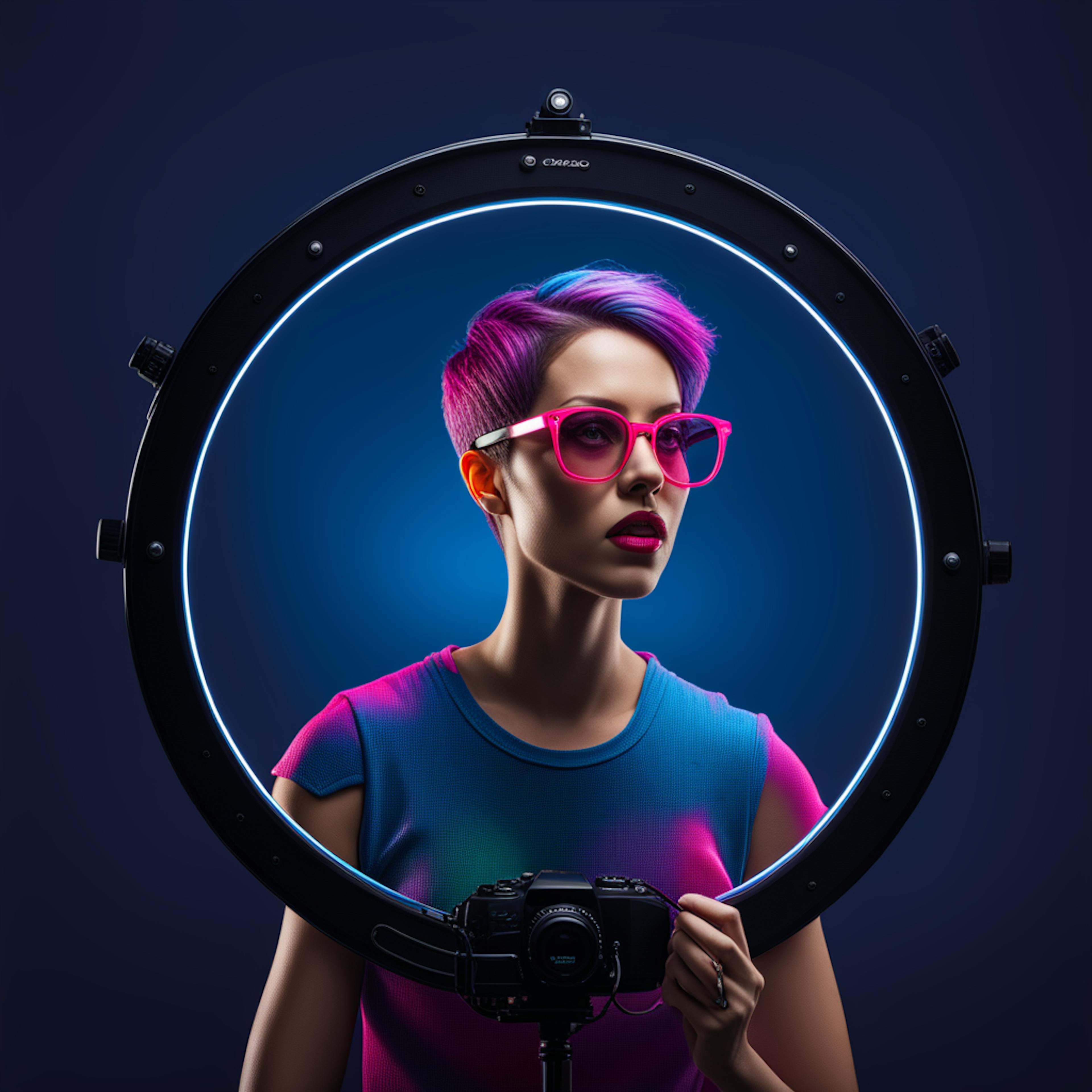A stylish woman with colorful hair and pink glasses framed by a ring light, showcasing the modern and creative approach to graphic design services.