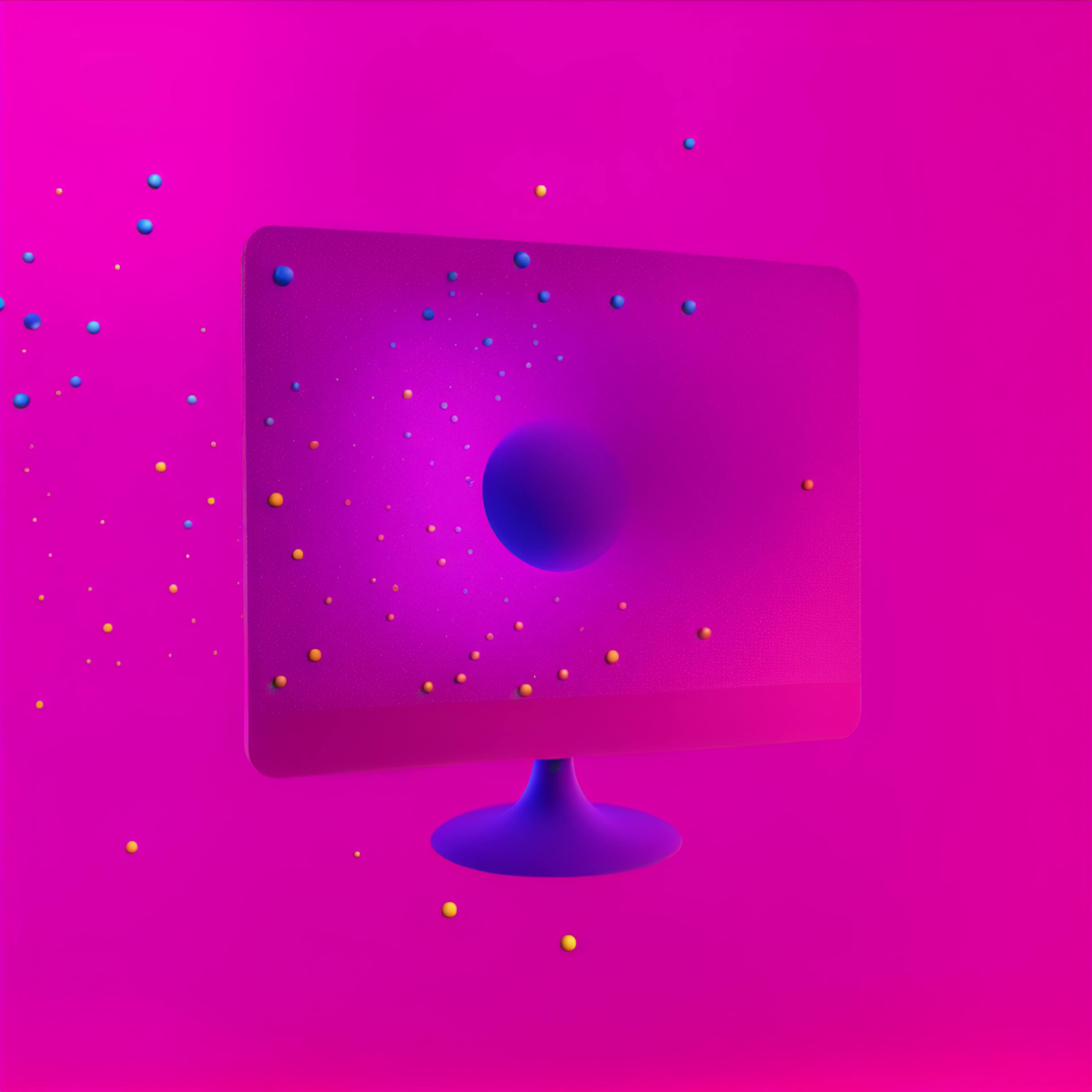 A modern, vibrant design featuring a digital monitor with floating blue and yellow spheres on a pink background, representing a dynamic landing page for a sales team owner.