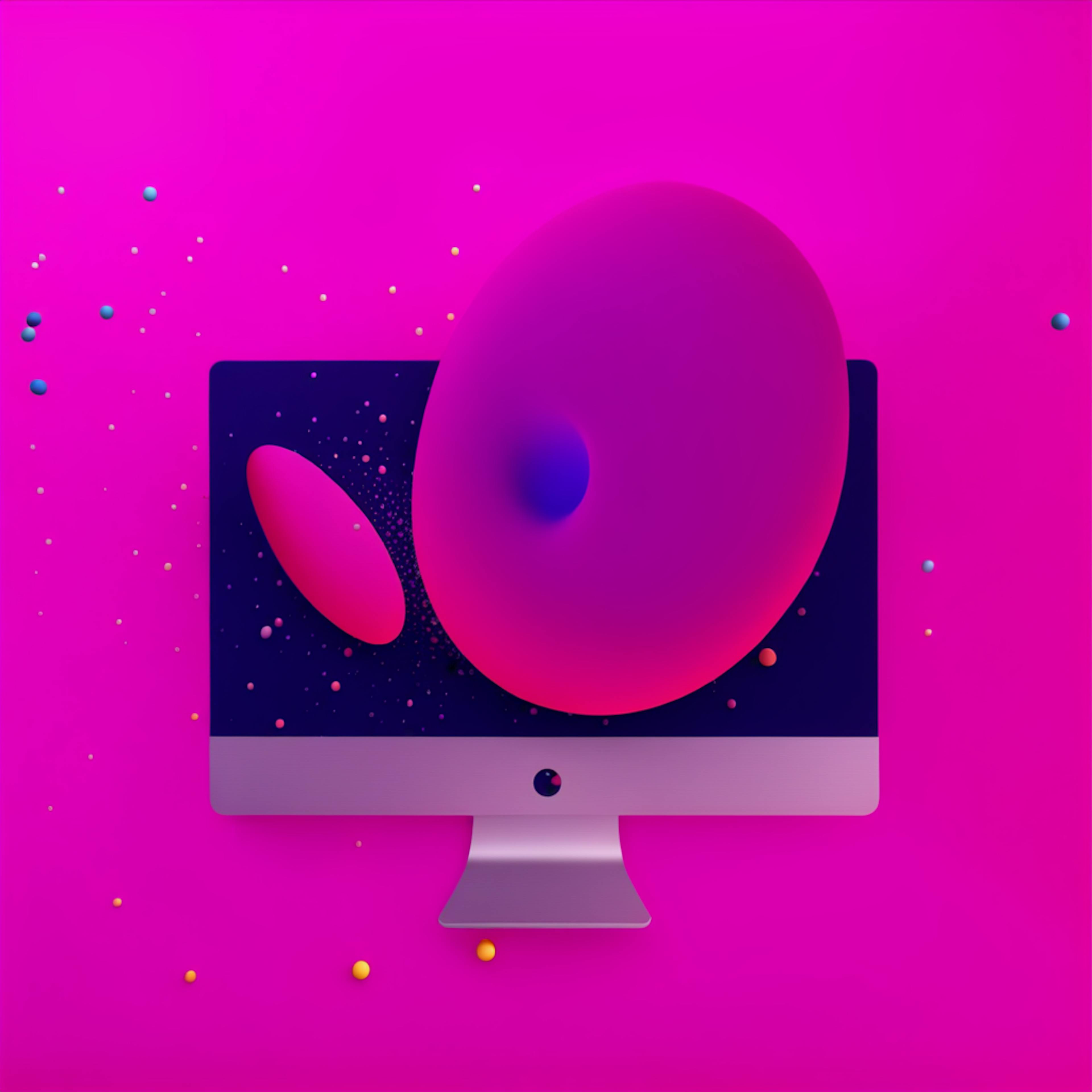 A sleek, colorful digital display with abstract shapes and orbs, set against a bold pink backdrop, perfect for a landing page for a sales team owner.