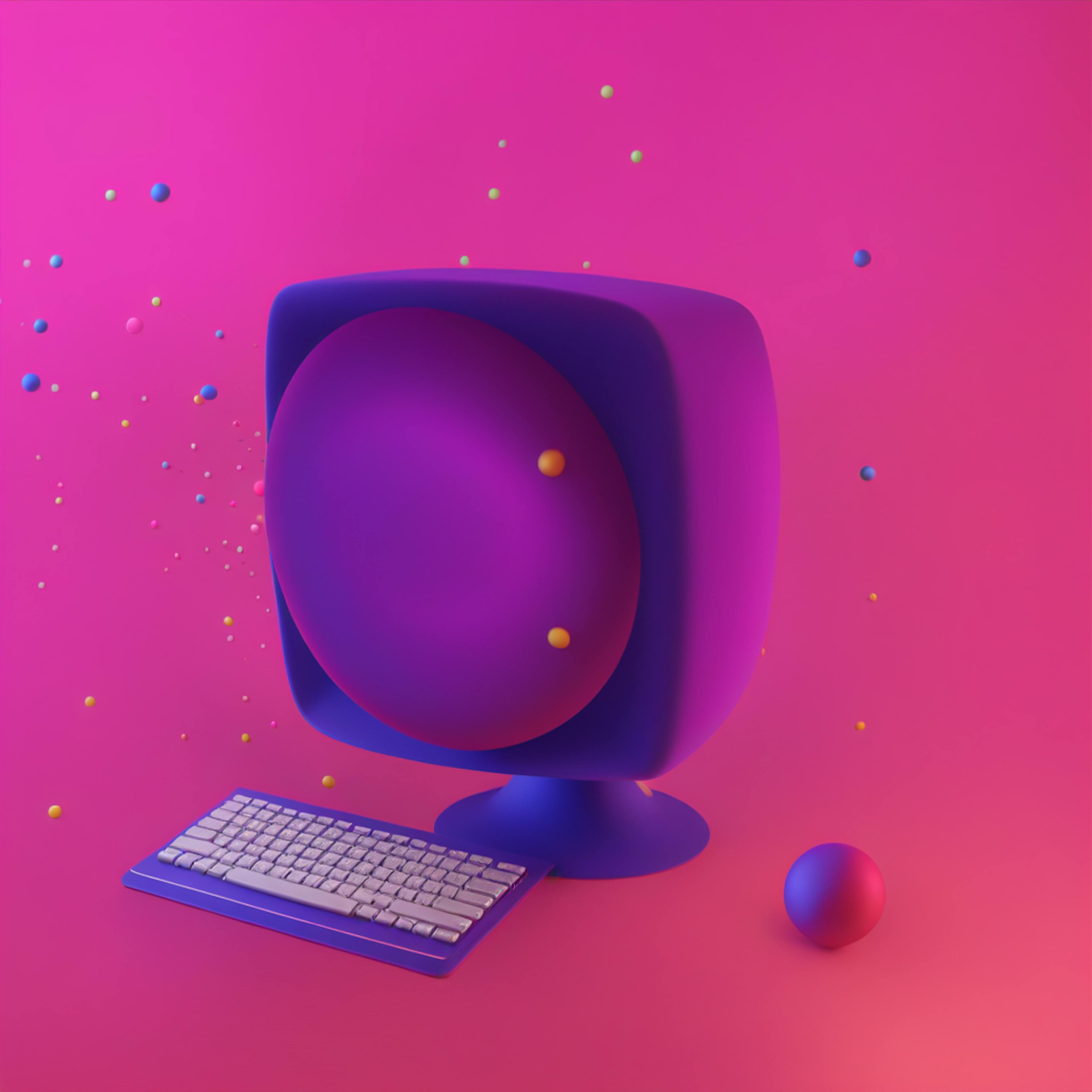 A futuristic computer setup with a purple monitor and keyboard, surrounded by colorful spheres, ideal for a landing page for a sales team owner.