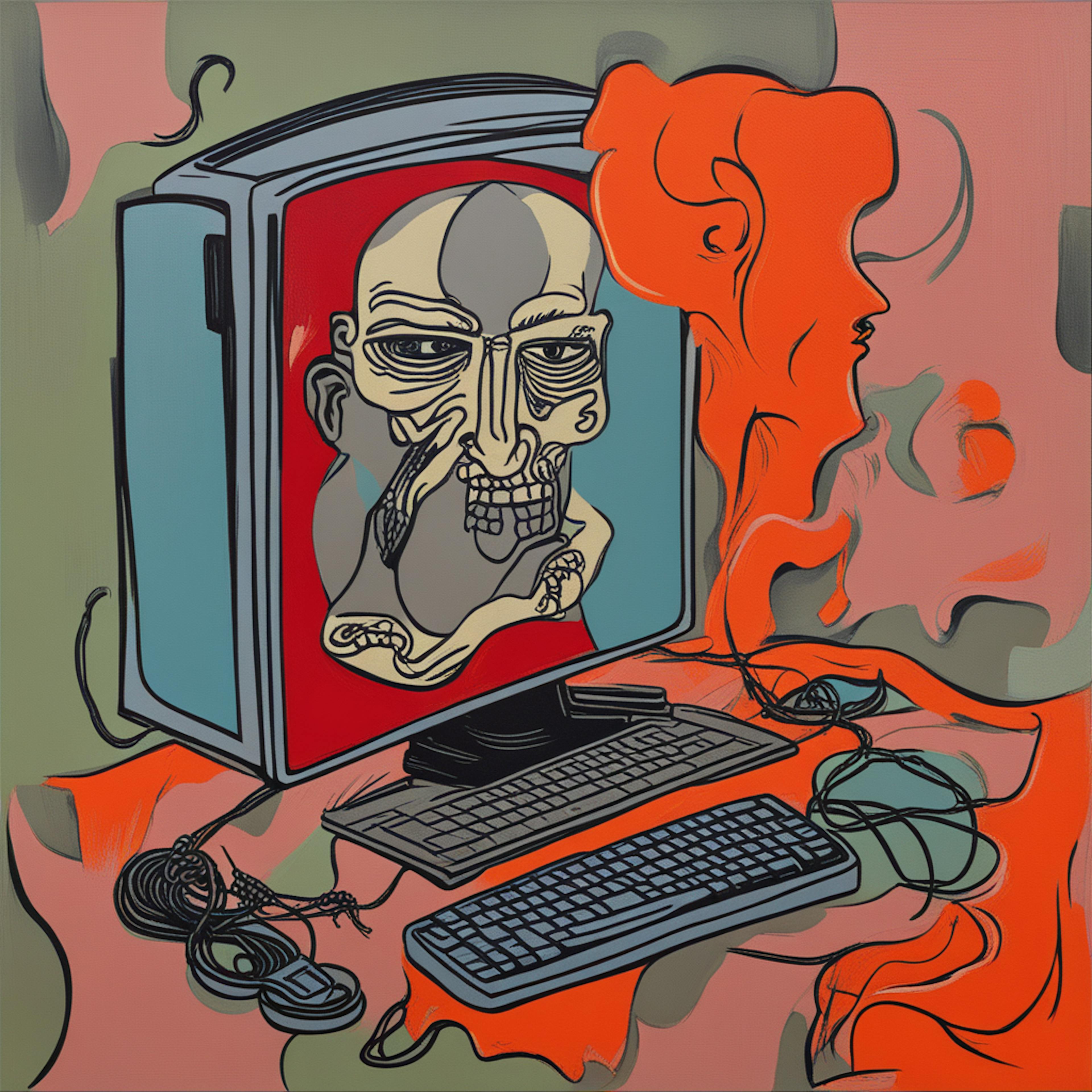 A surreal, expressive digital artwork depicting a stylized human face emerging from a computer monitor, surrounded by abstract elements, perfect for a creative landing page or website.