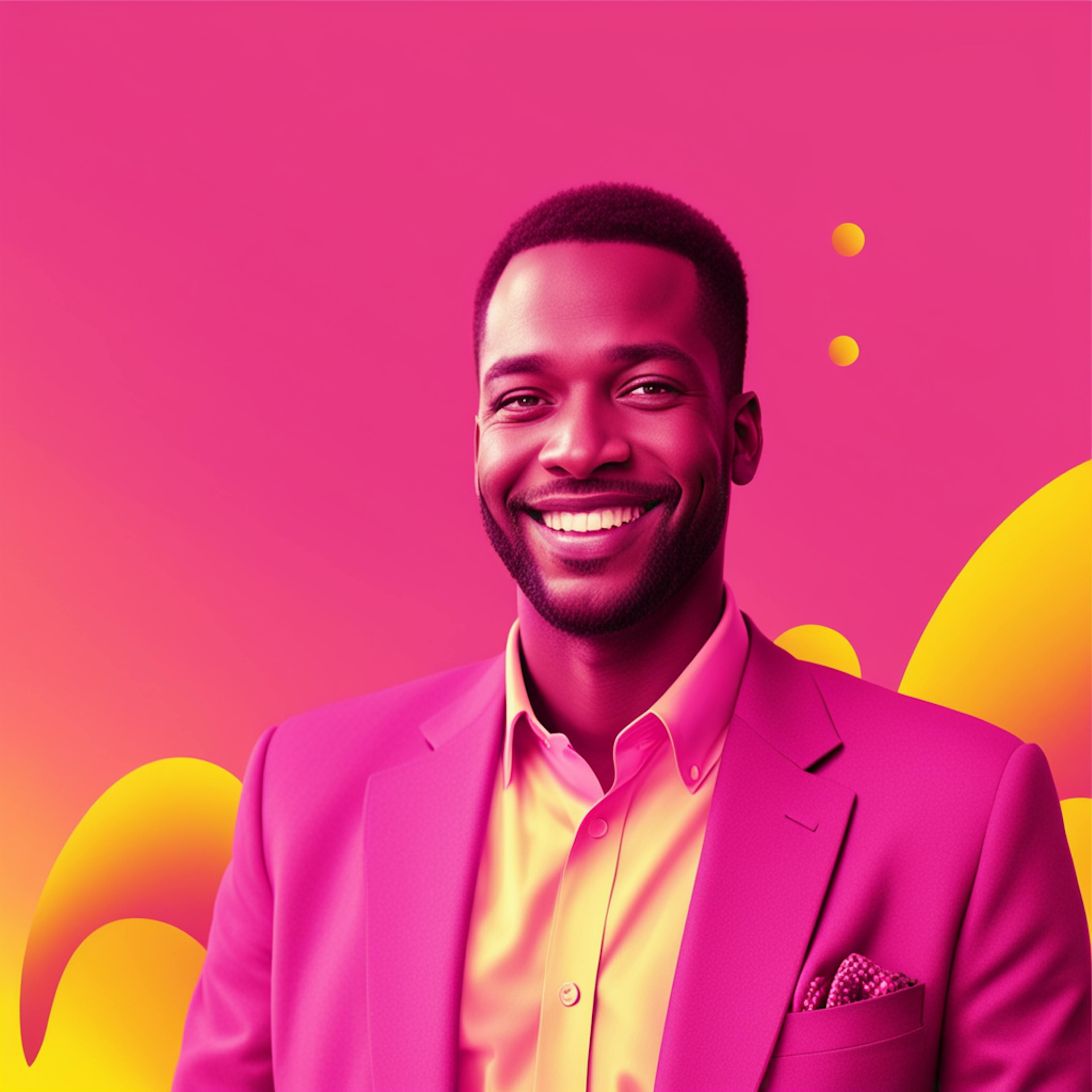 A cheerful man in a pink suit and yellow shirt, set against a vibrant pink and yellow background, embodying a creative spirit suitable for a graphic artist logo.