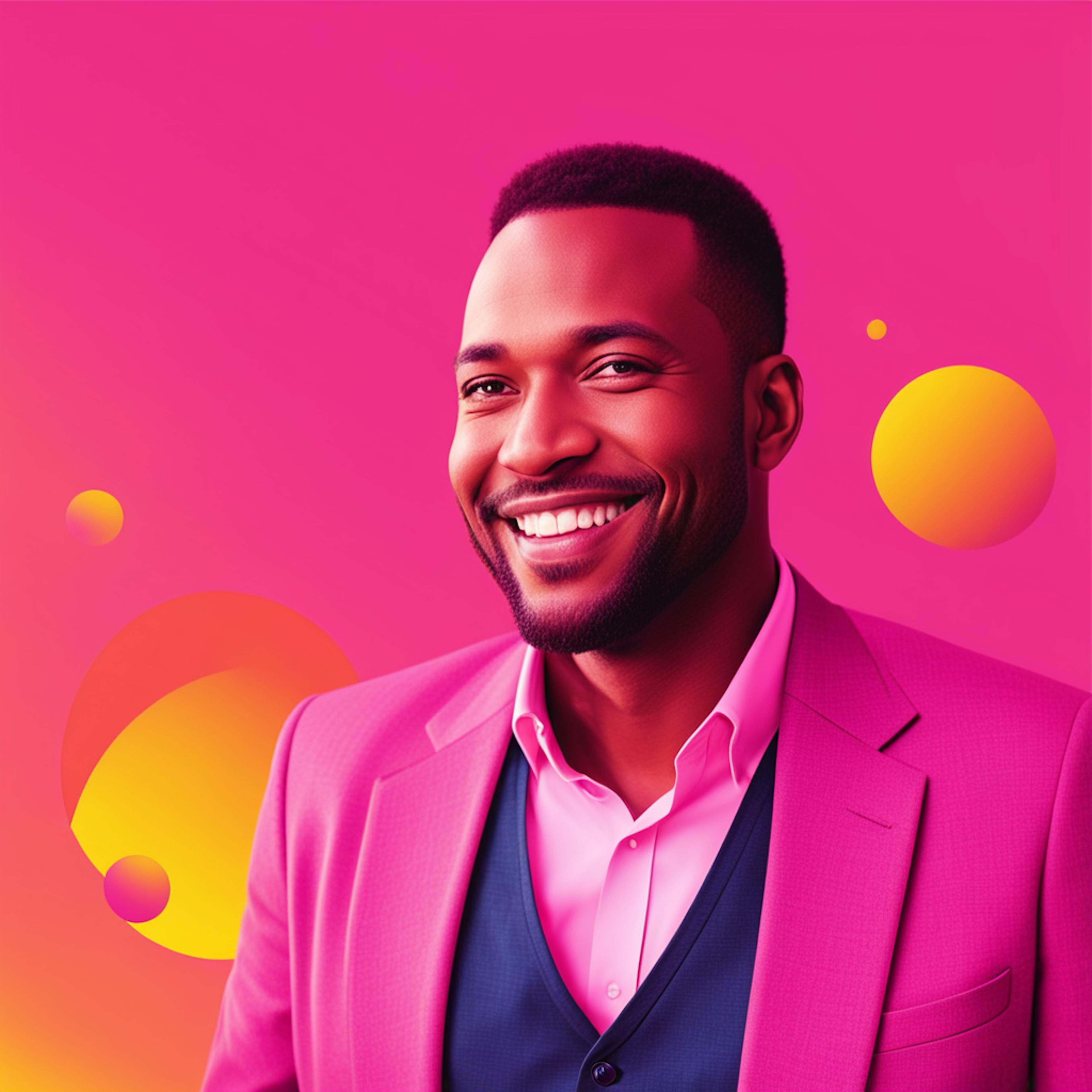 A smiling man in a pink suit with a vest, positioned against a dynamic pink and orange background, representing an energetic and modern graphic artist logo.