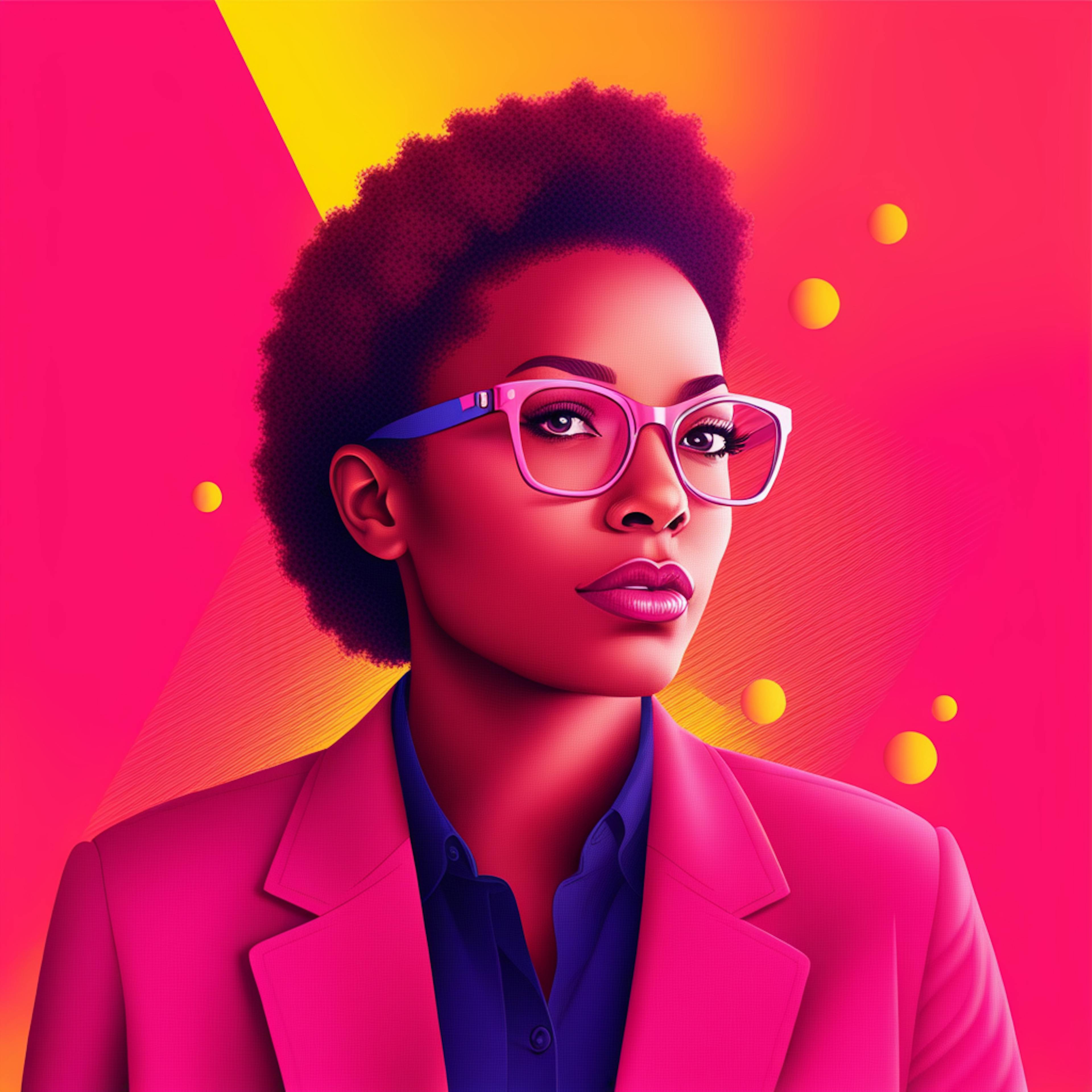 A determined woman with an afro hairstyle and glasses, wearing a bright pink jacket on a colorful backdrop, ideal for inspiration when thinking of good logo names.