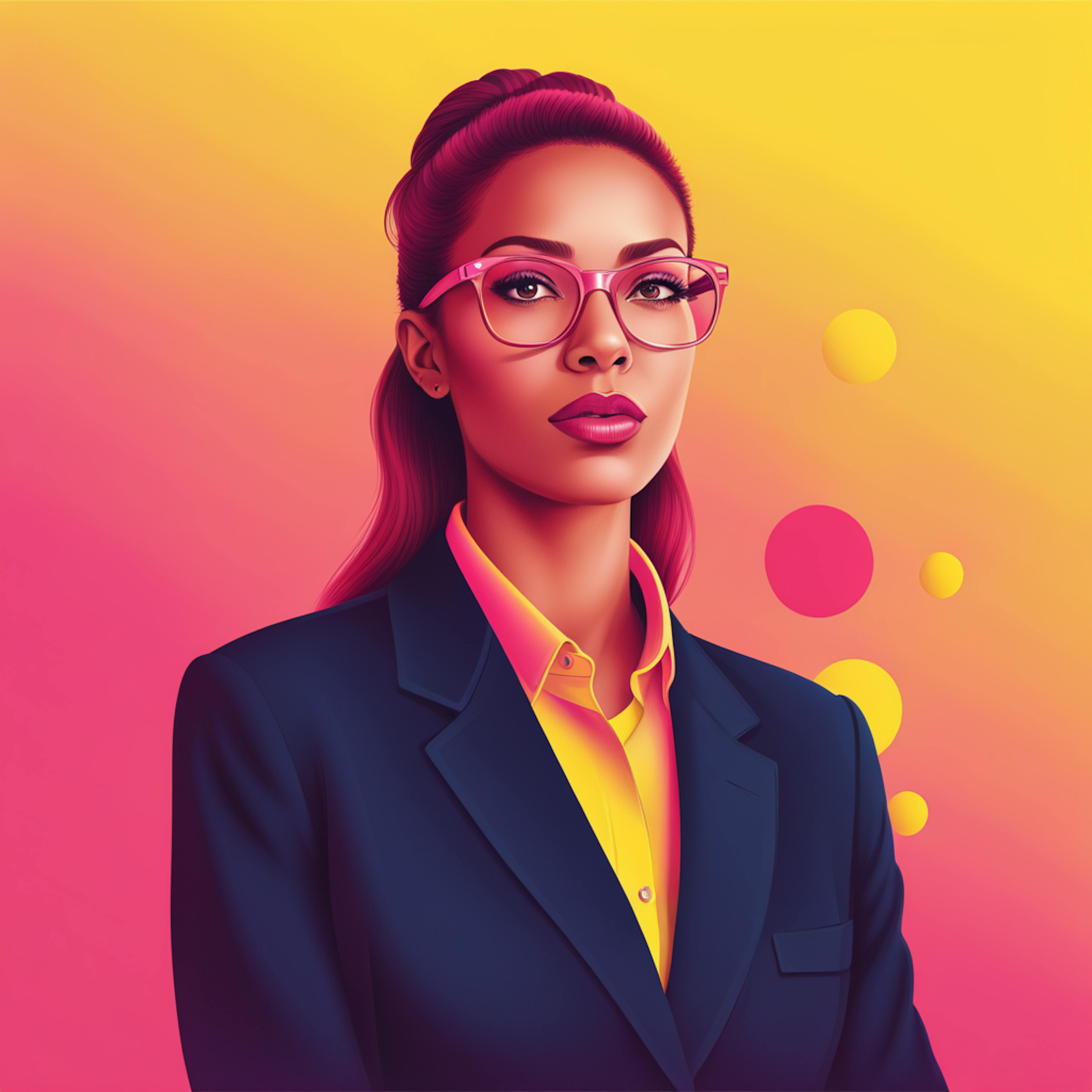 A poised woman with a high ponytail and glasses, dressed in a dark blazer with a yellow shirt, set against a yellow and pink gradient, embodying creativity for generating good logo names.