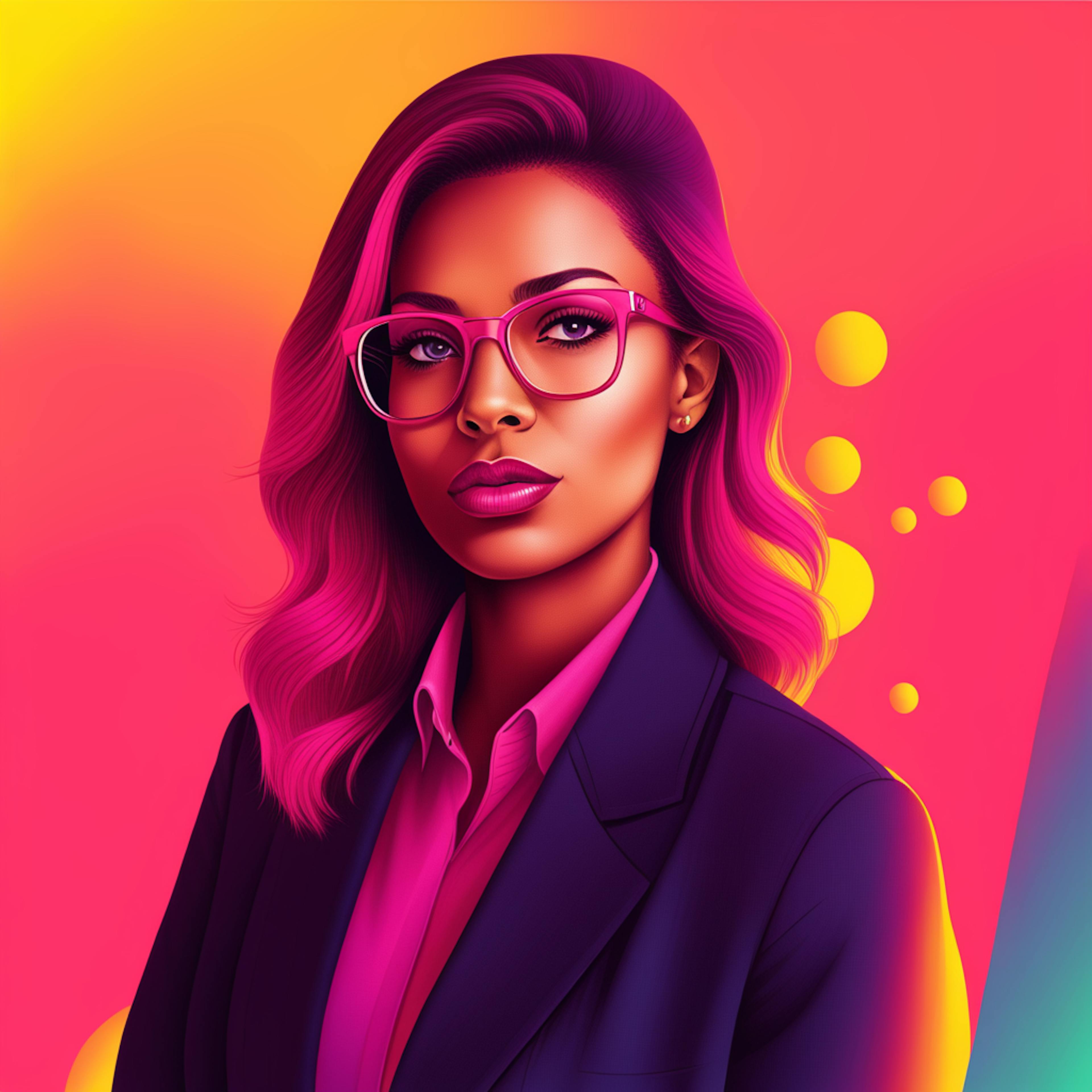 A confident woman with pink-tinted hair and glasses, dressed in a business suit against a vibrant orange and pink background, representing a professional persona for brainstorming good logo names.