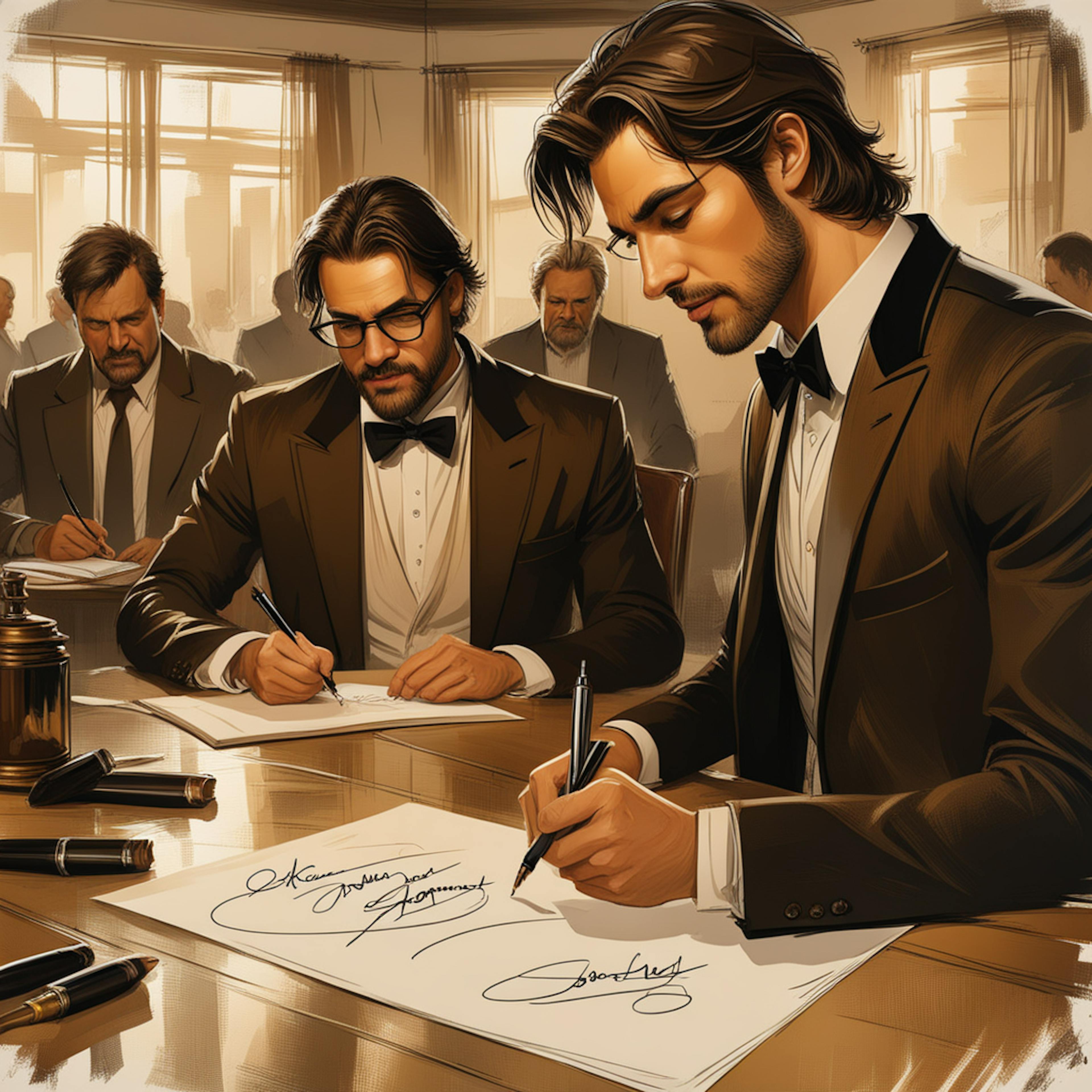 A group of well-dressed men in suits and bow ties, intently signing documents in a formal setting, illustrating the signing of a graphic design agreement.