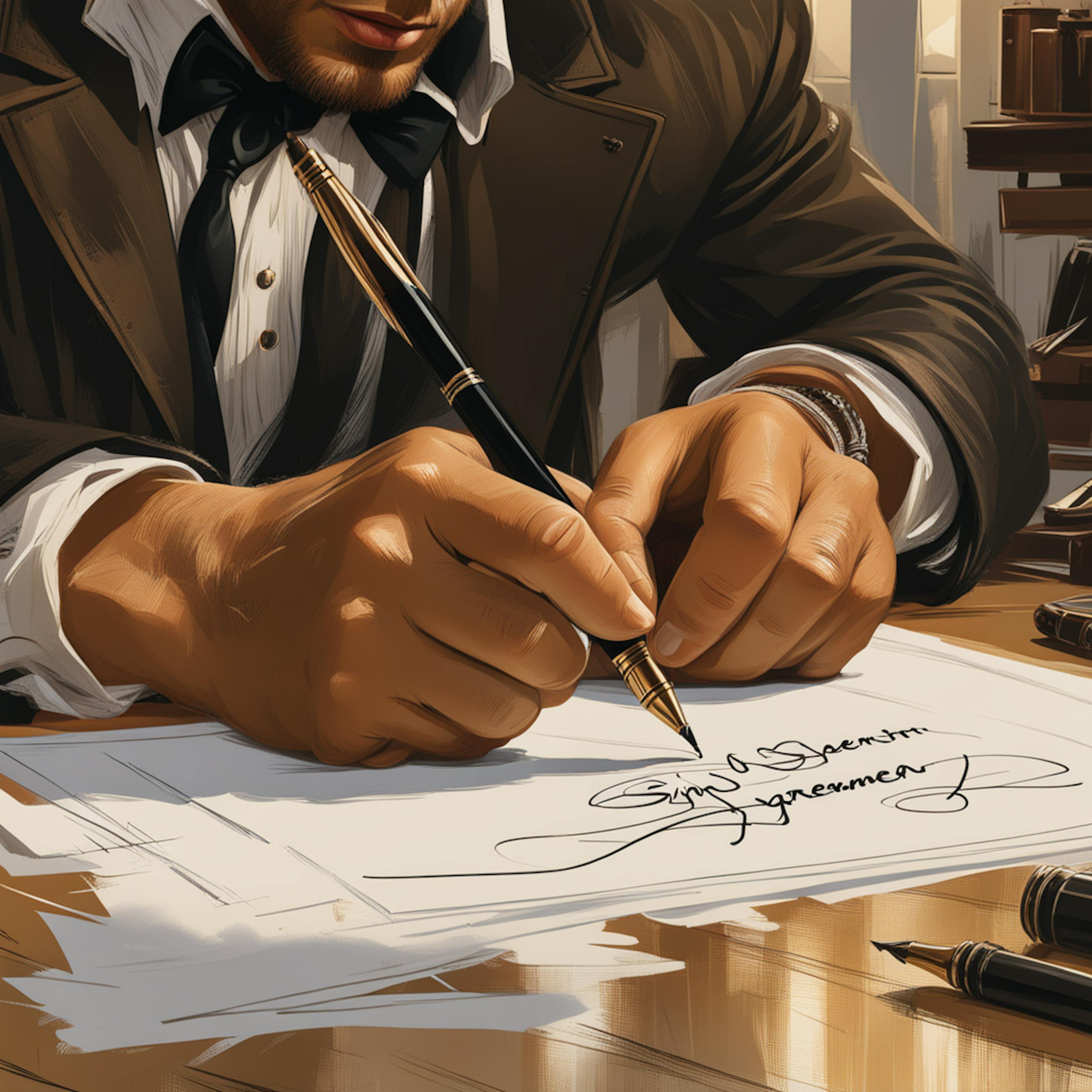 Close-up of a man's hand holding a fountain pen, elegantly signing a document, symbolizing the finalization of a graphic design agreement.