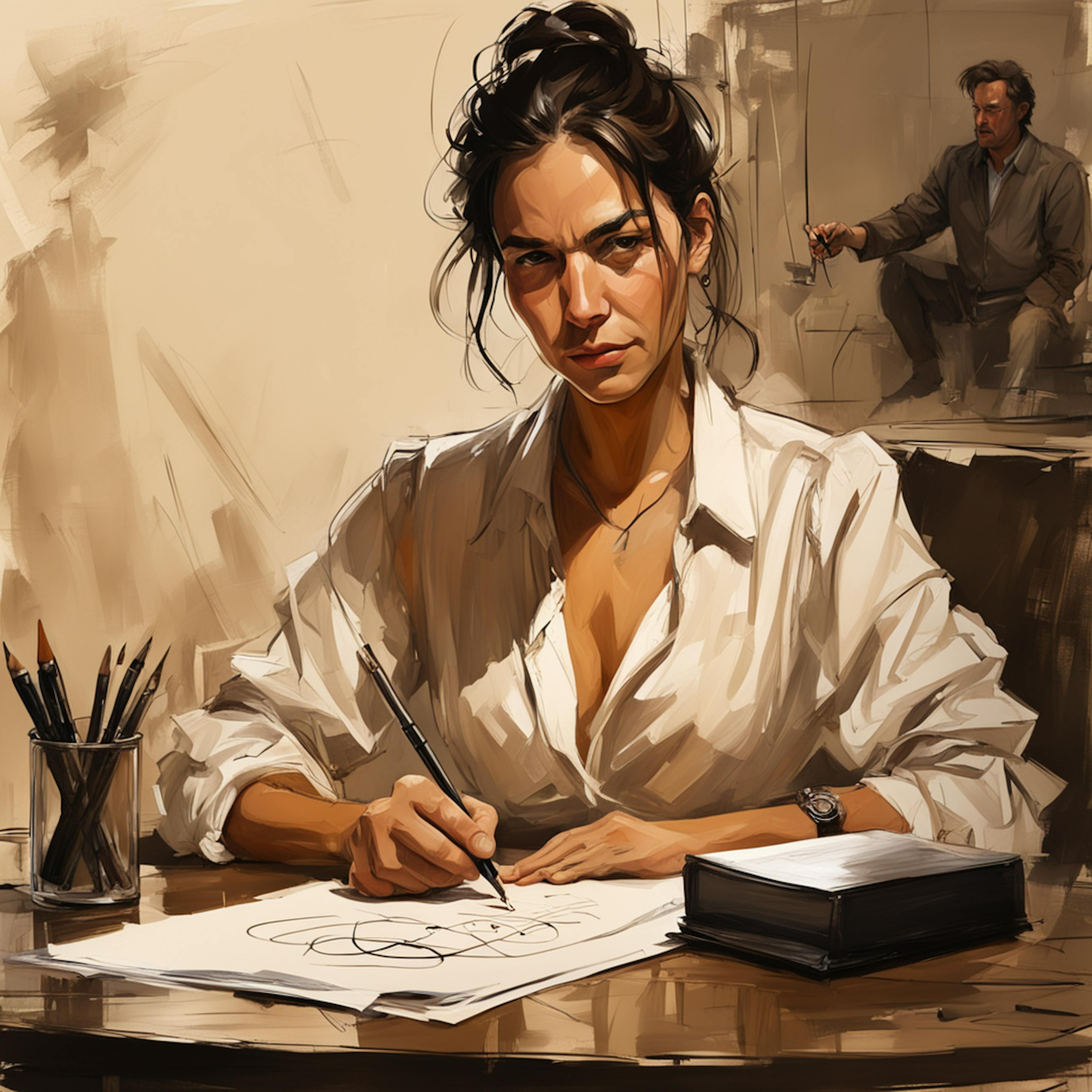 A focused woman in a white shirt working on a sketch at her desk, surrounded by drawing tools, while a man in the background observes, symbolizing the creative process behind a graphic design agreement.