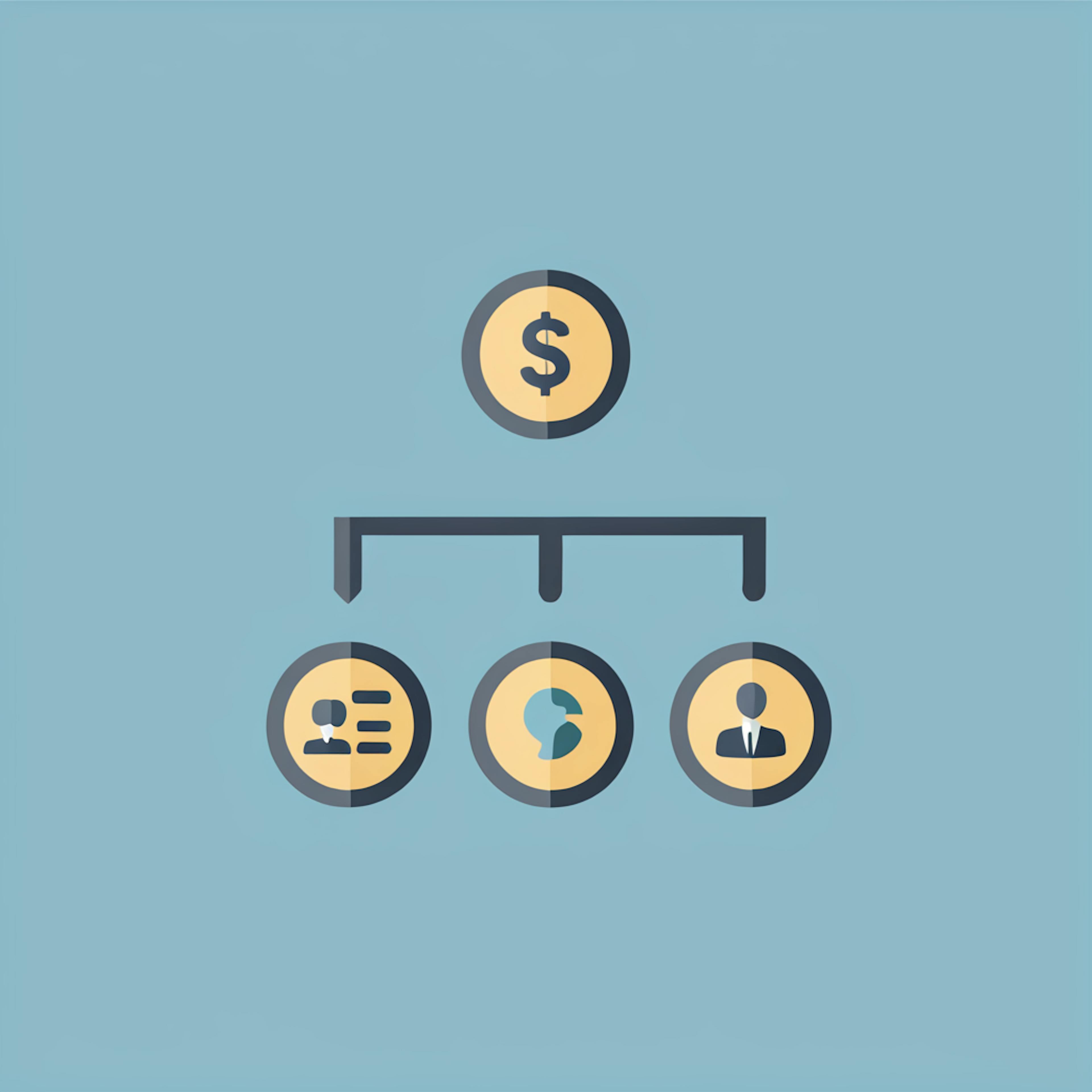 A simple organizational chart icon featuring a dollar symbol connected to three sub-icons representing different business functions, visually suggesting the concept of 'how much do marketing agencies charge per month' for their services.