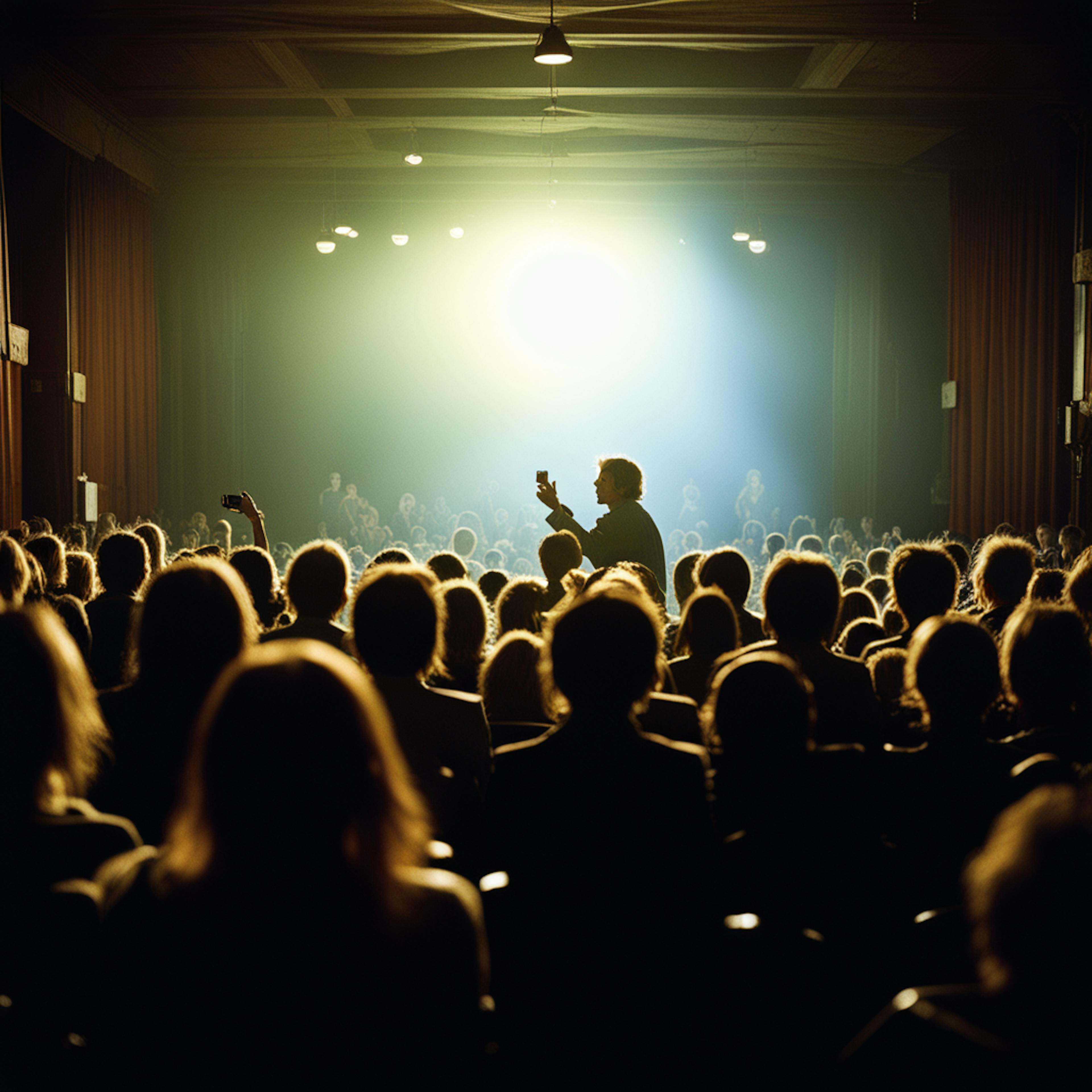 A large crowd in a dimly lit auditorium, with a single person standing and holding a phone in the air, illustrating the challenge of how to find the intended audience in a crowded event.