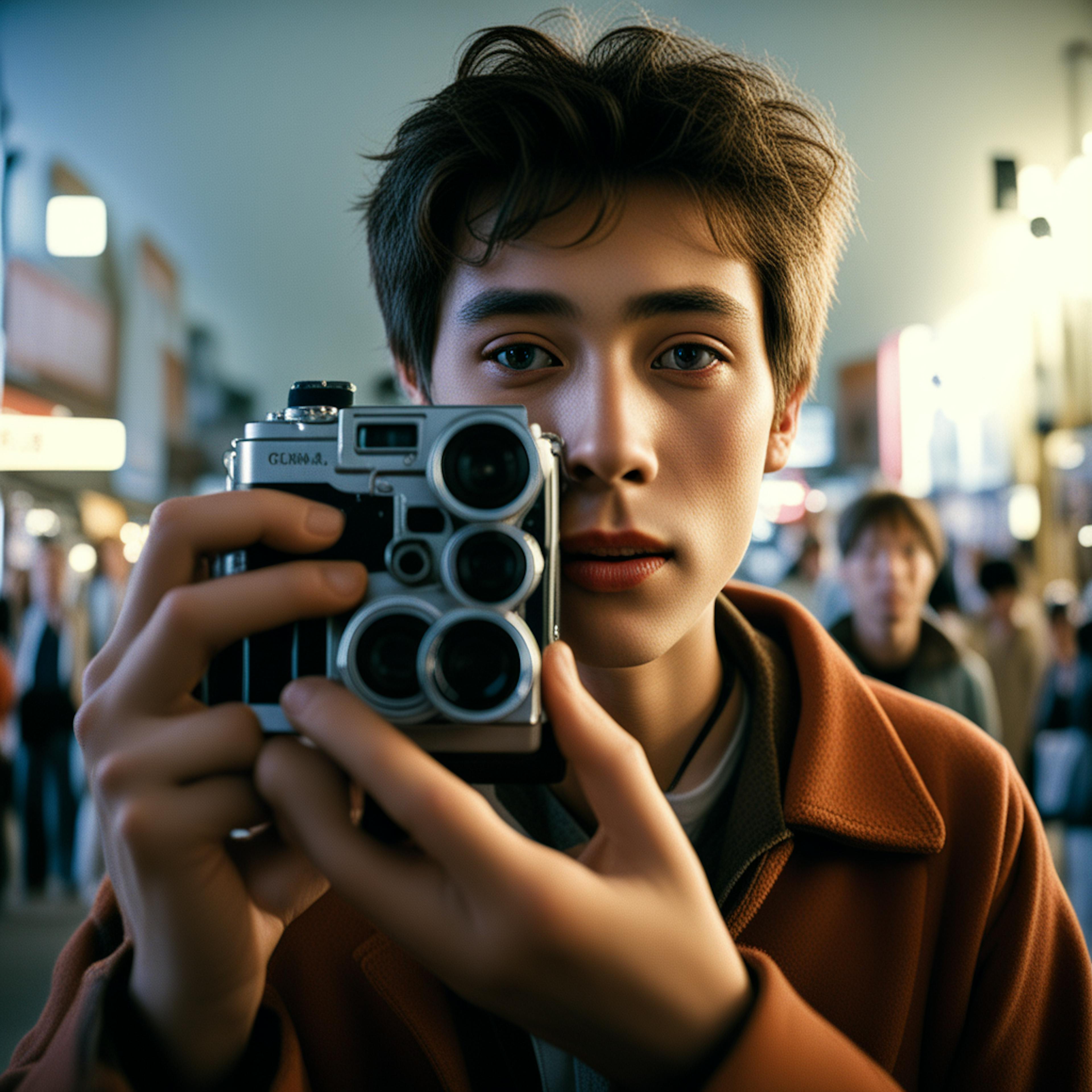 A close-up of a young photographer holding a vintage camera in a bustling street, capturing the essence of how to find the intended audience through visual storytelling.