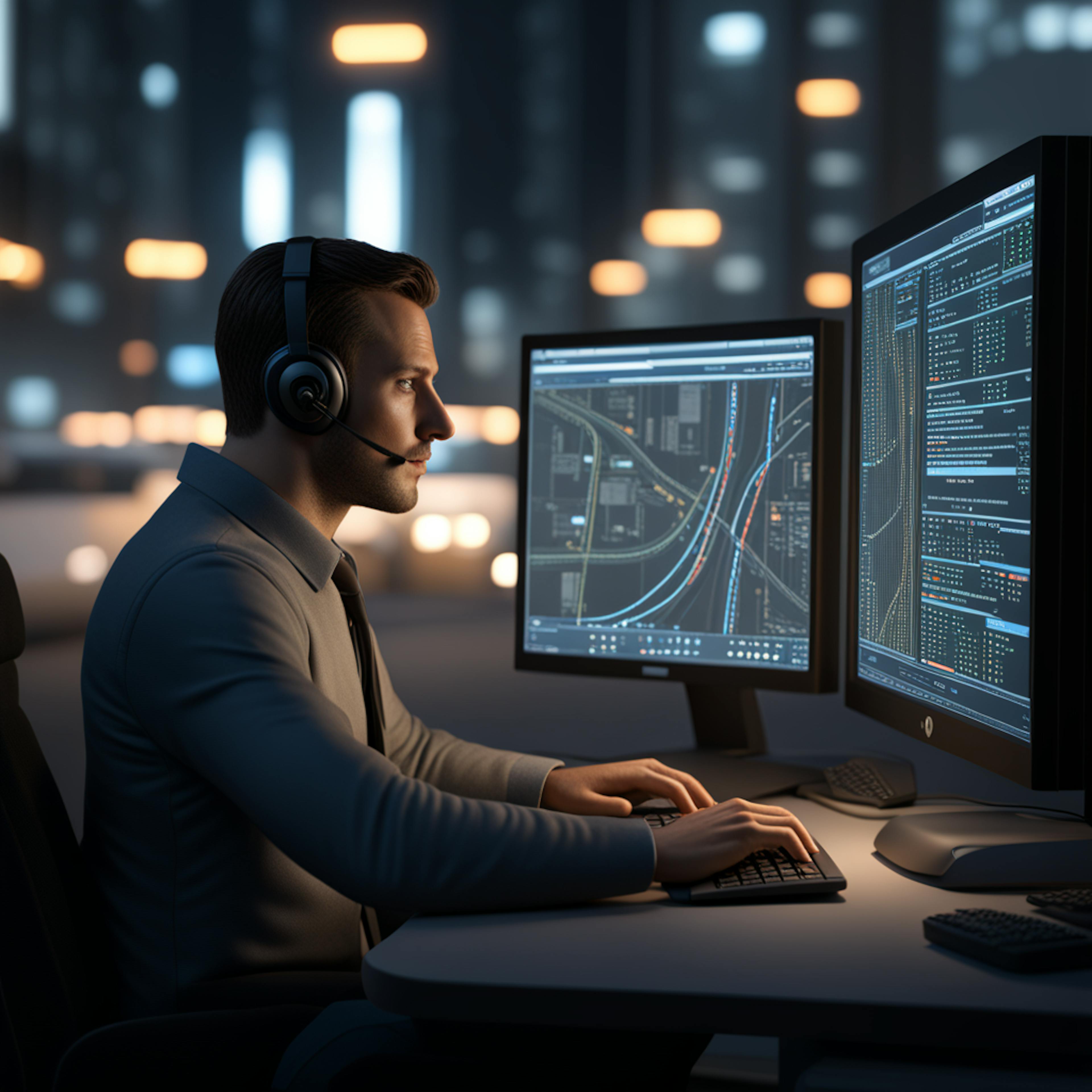 A professional in a headset working on dual monitors, analyzing data and optimizing digital content, representing the strategy of how to optimize a landing page for lead generation.